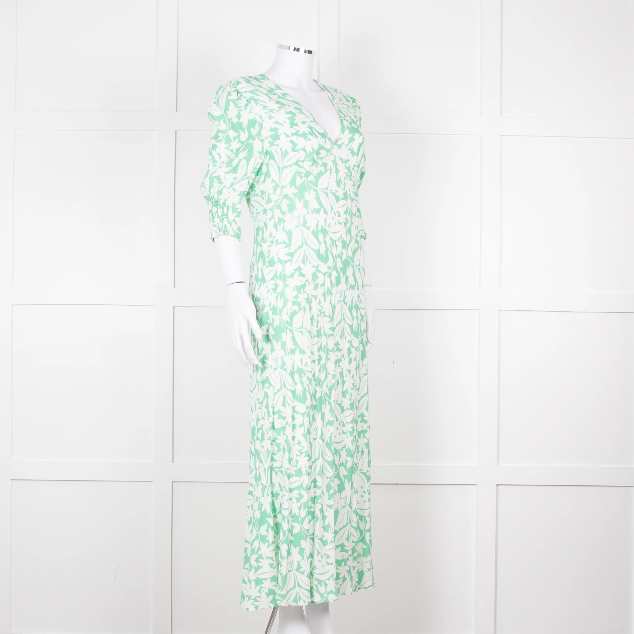 Rixo Green White Floral Print Short Sleeve Maxi Dress - Image 2