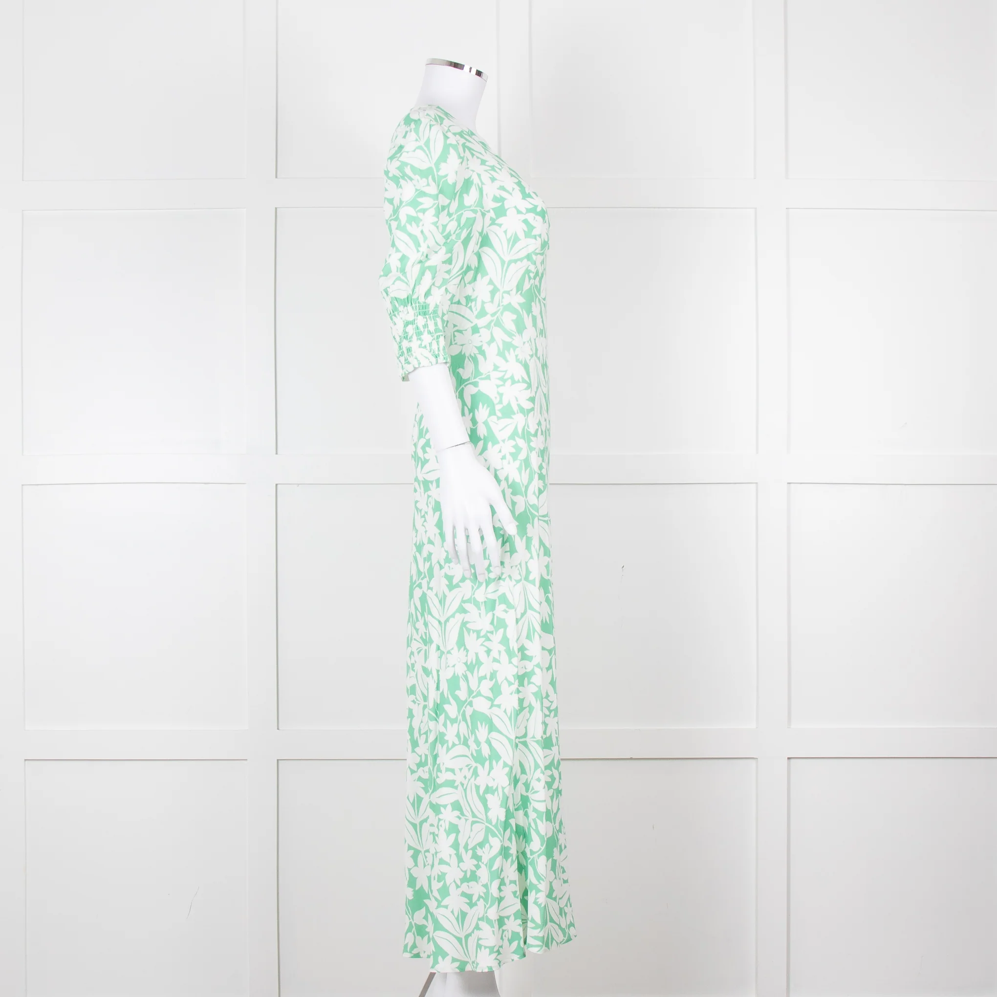 Rixo Green White Floral Print Short Sleeve Maxi Dress - Image 3