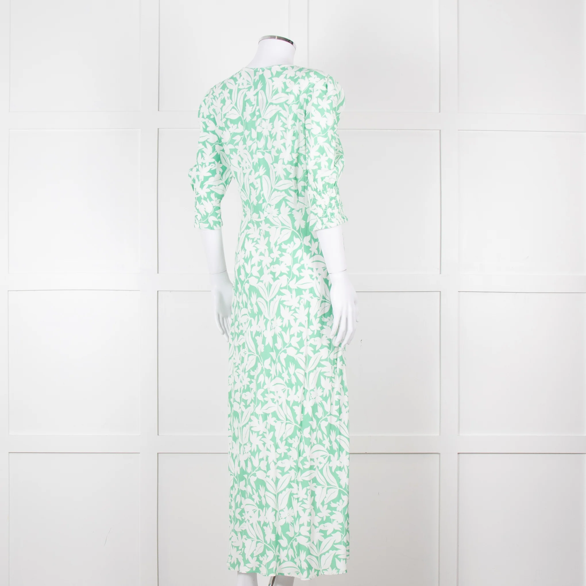 Rixo Green White Floral Print Short Sleeve Maxi Dress - Image 4