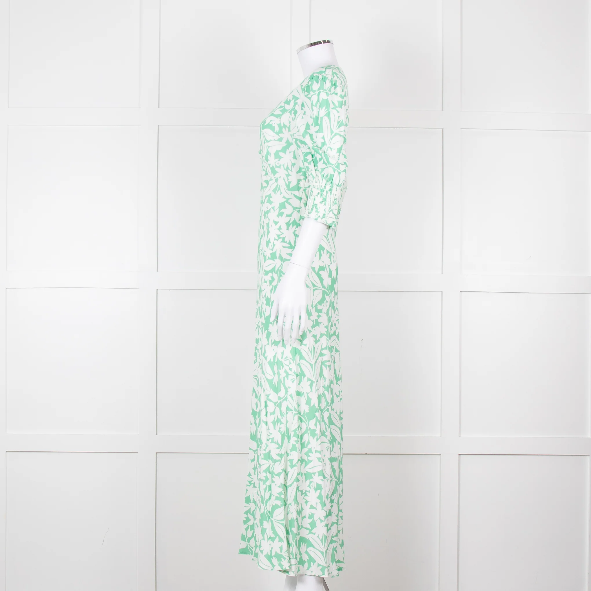 Rixo Green White Floral Print Short Sleeve Maxi Dress - Image 7