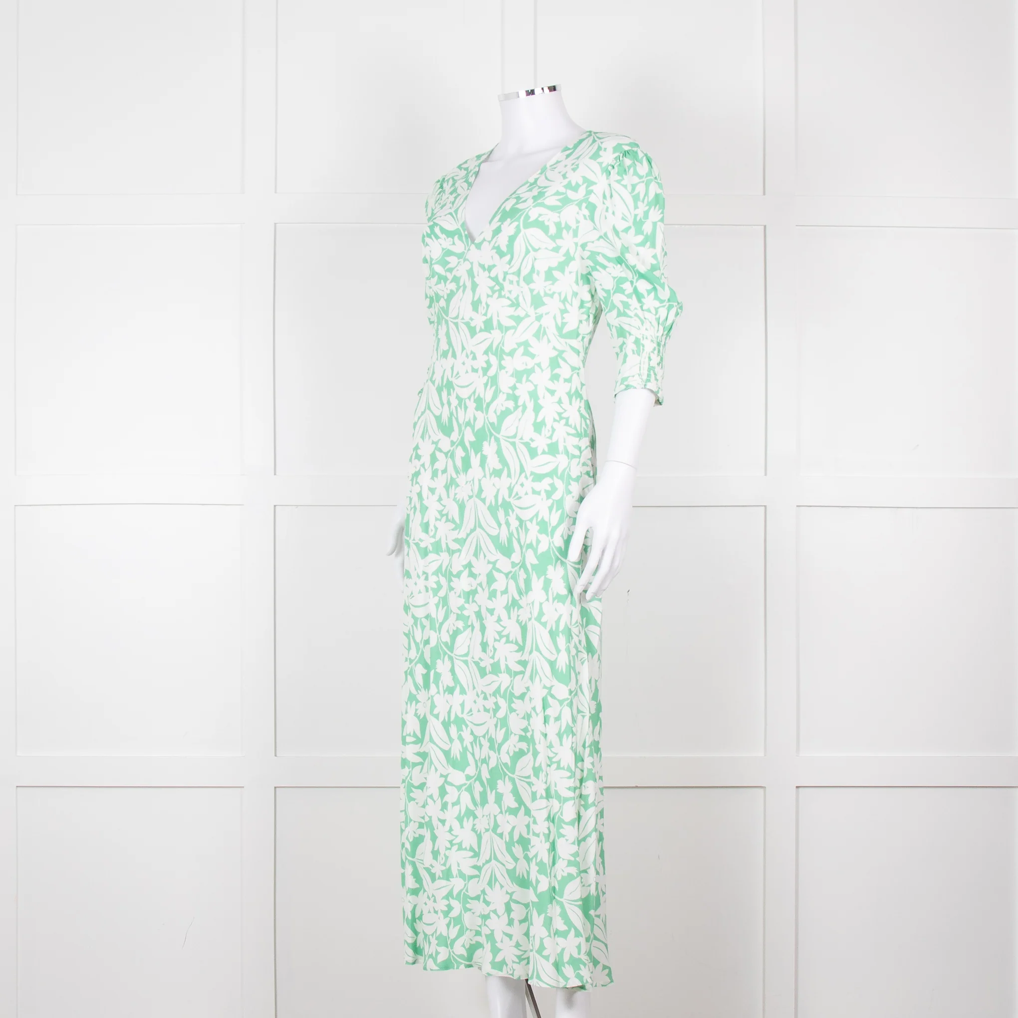 Rixo Green White Floral Print Short Sleeve Maxi Dress - Image 8