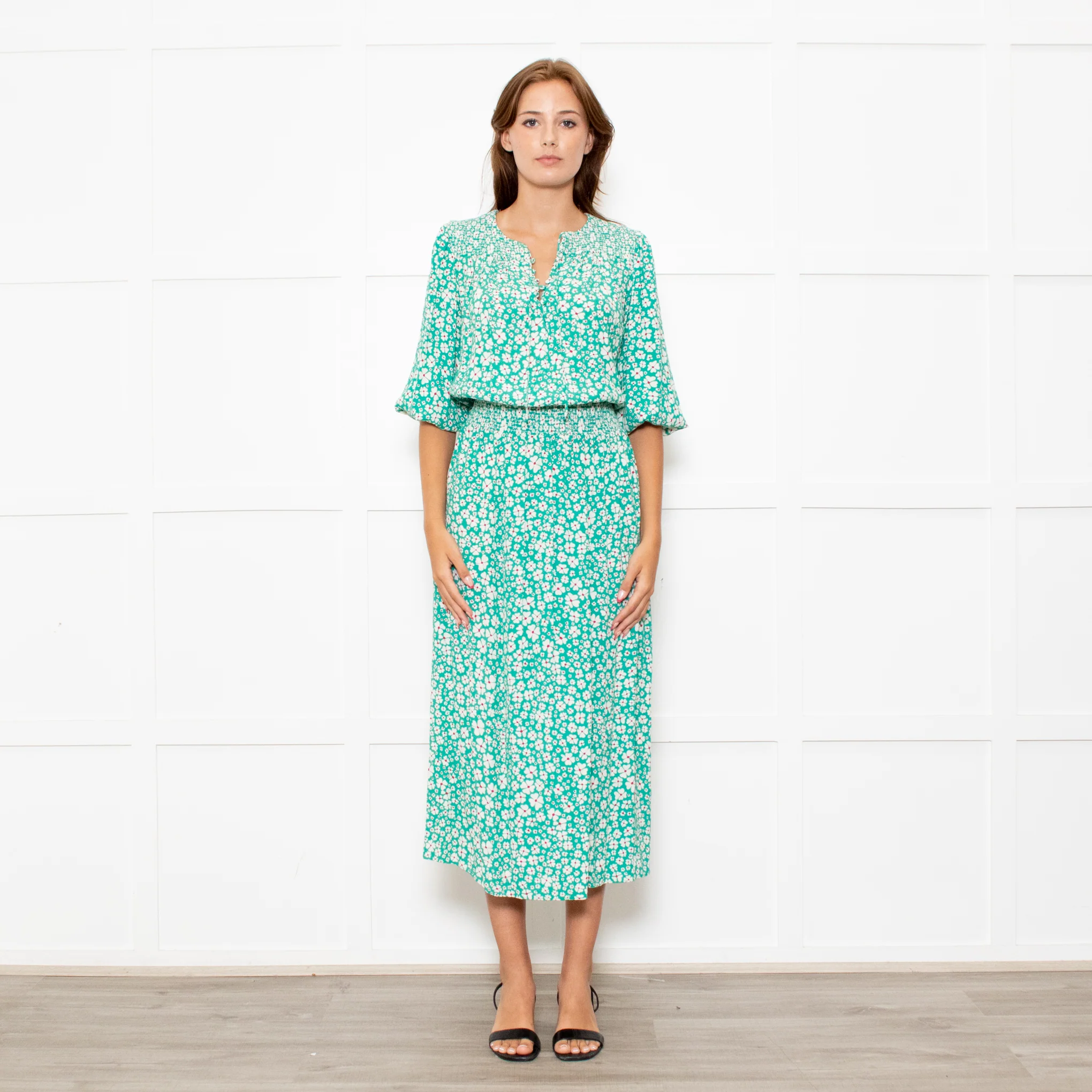 Rixo Jade Green Cream Red Flower Smock Waist Maxi Dress
