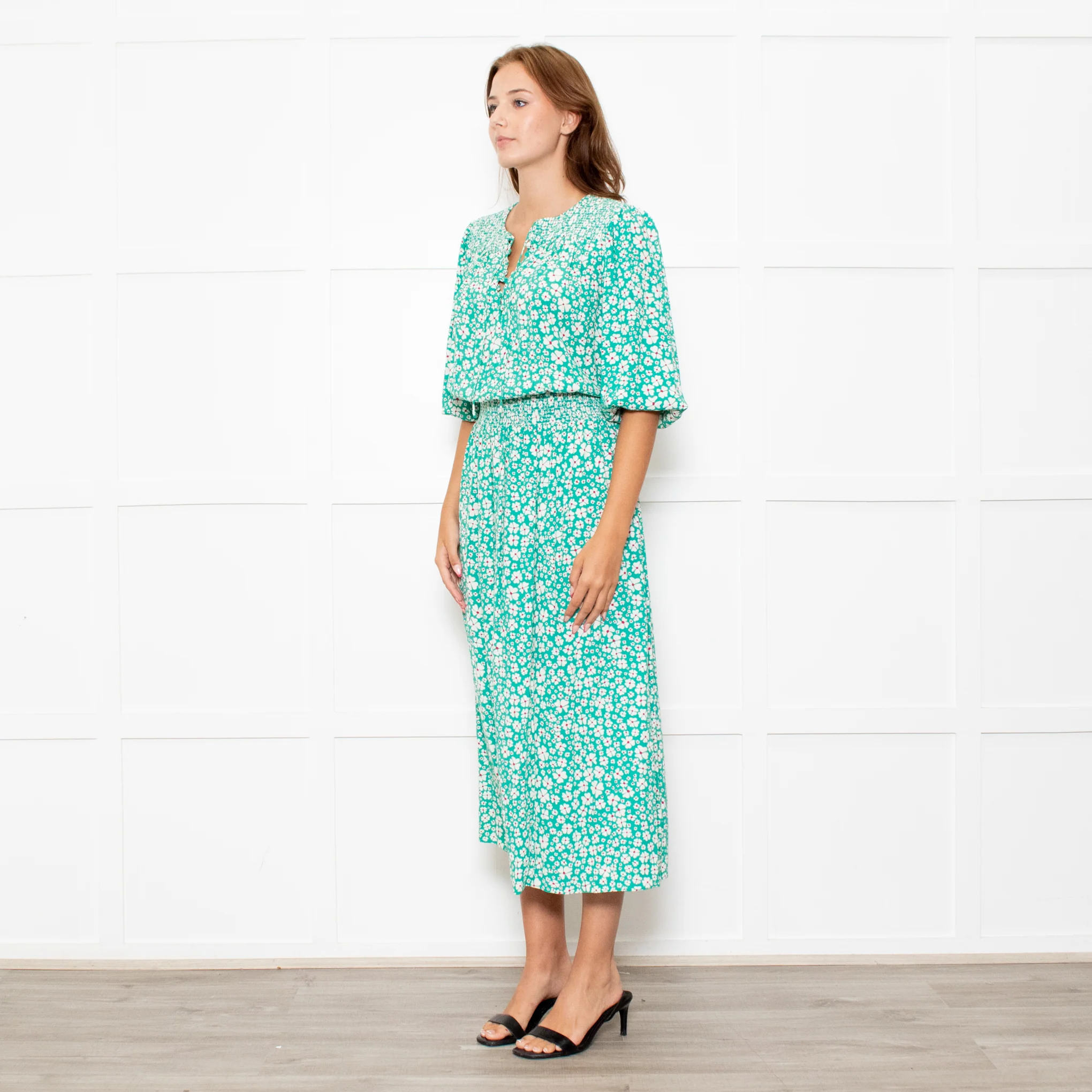 Rixo Jade Green Cream Red Flower Smock Waist Maxi Dress - Image 3