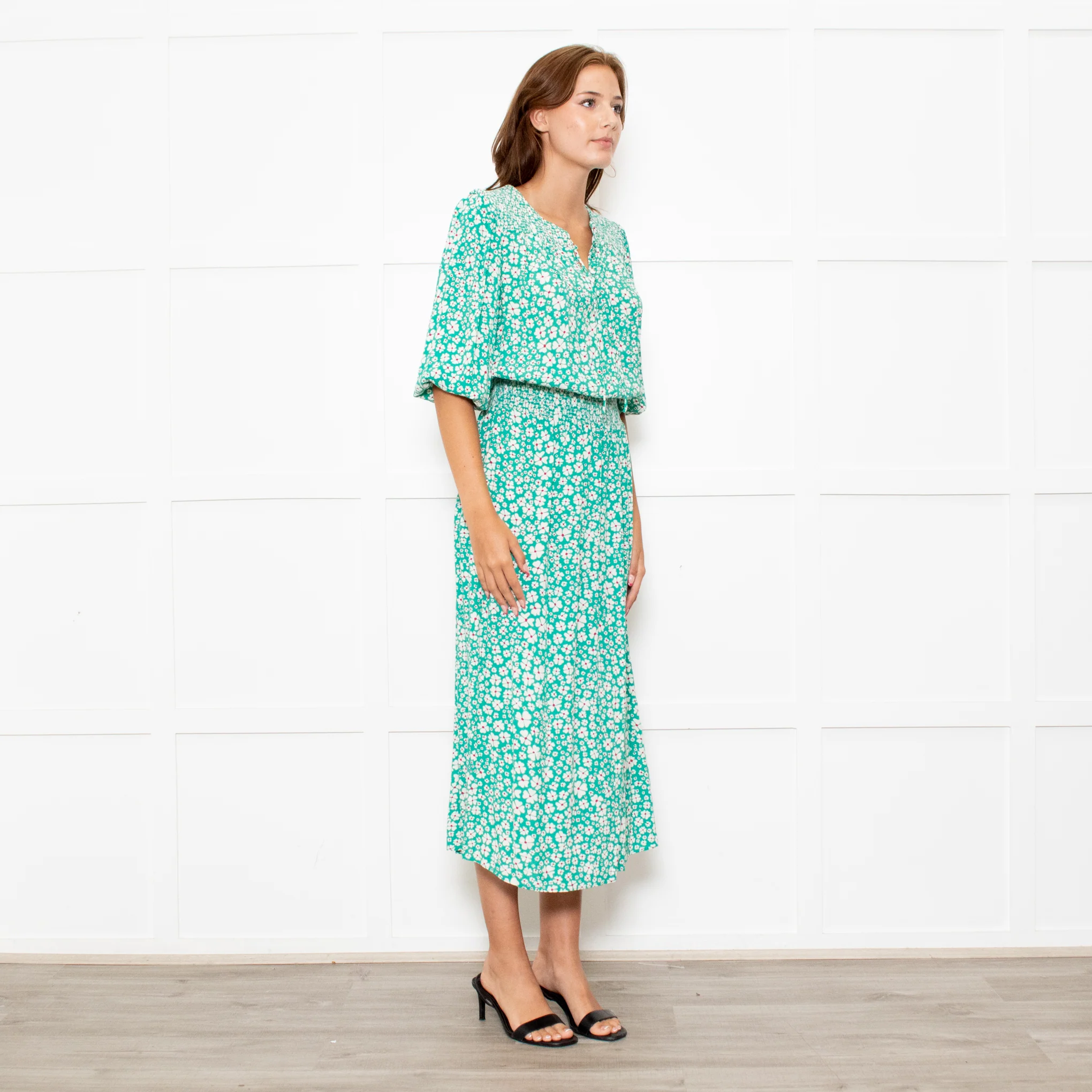 Rixo Jade Green Cream Red Flower Smock Waist Maxi Dress - Image 4