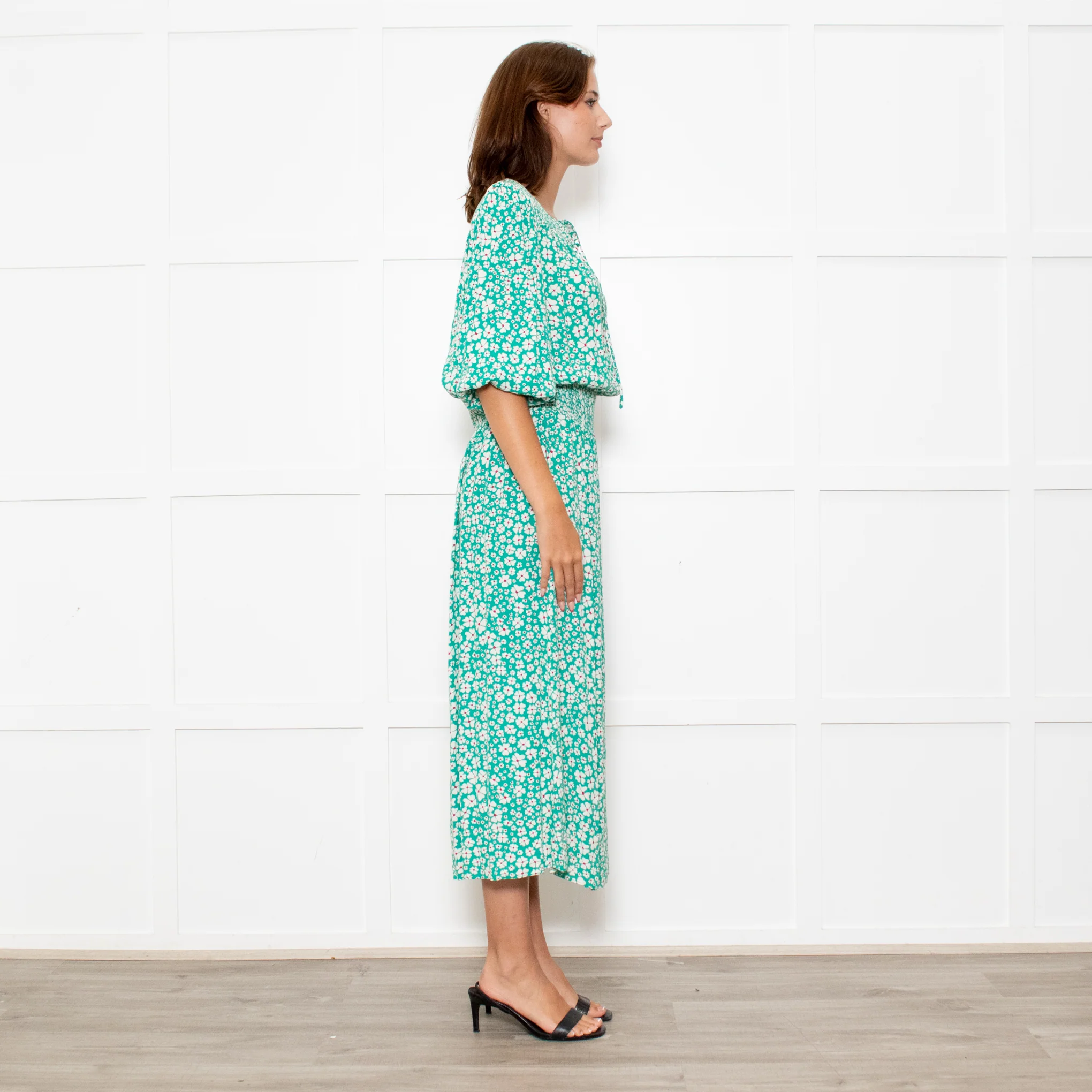 Rixo Jade Green Cream Red Flower Smock Waist Maxi Dress - Image 5
