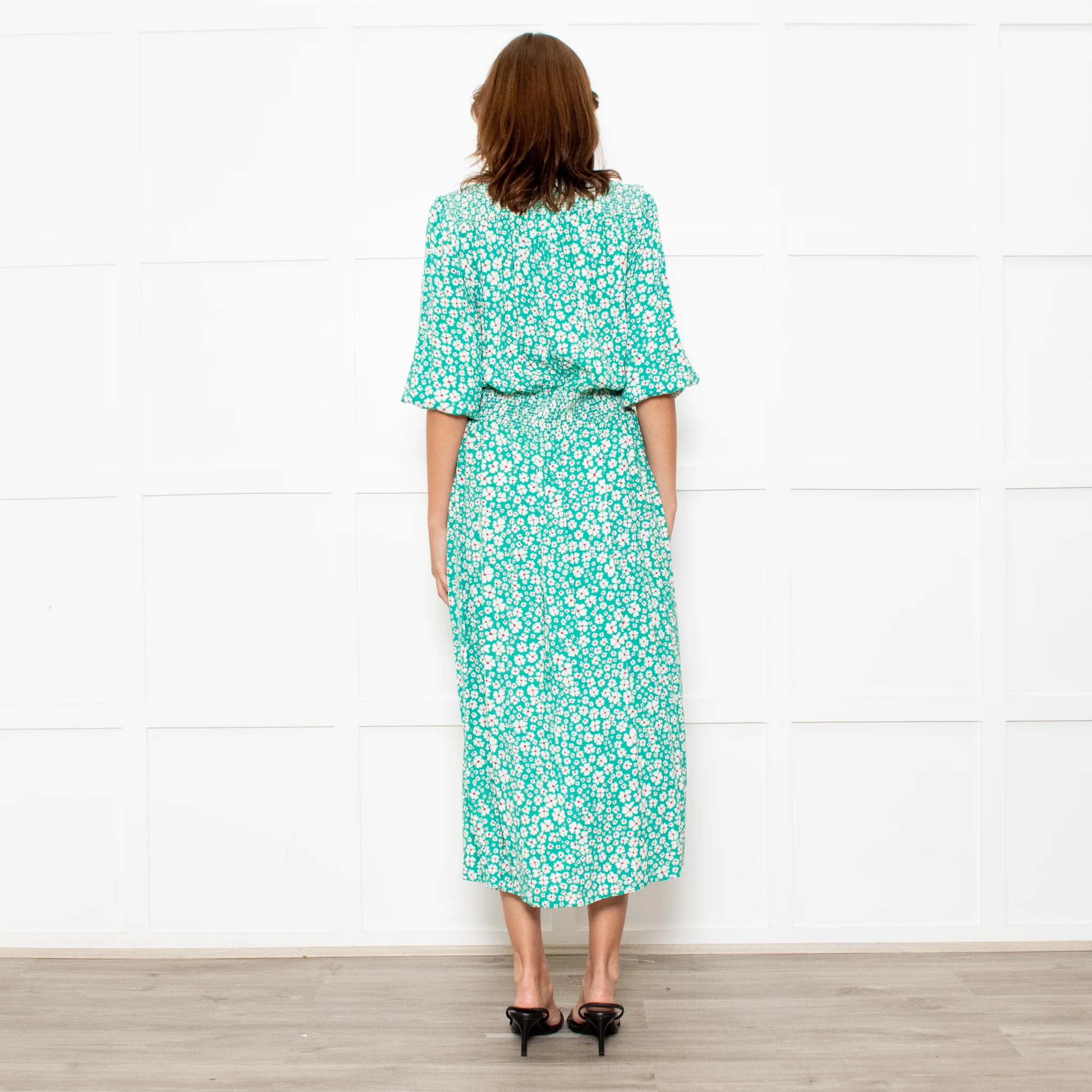 Rixo Jade Green Cream Red Flower Smock Waist Maxi Dress - Image 6