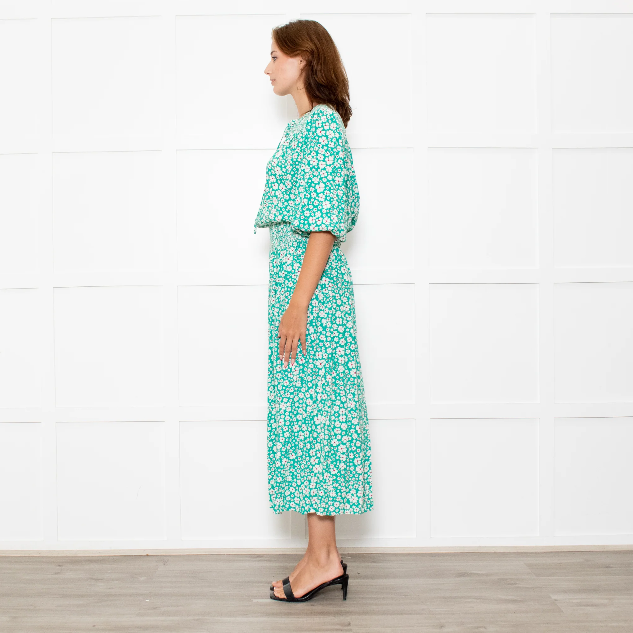 Rixo Jade Green Cream Red Flower Smock Waist Maxi Dress - Image 7