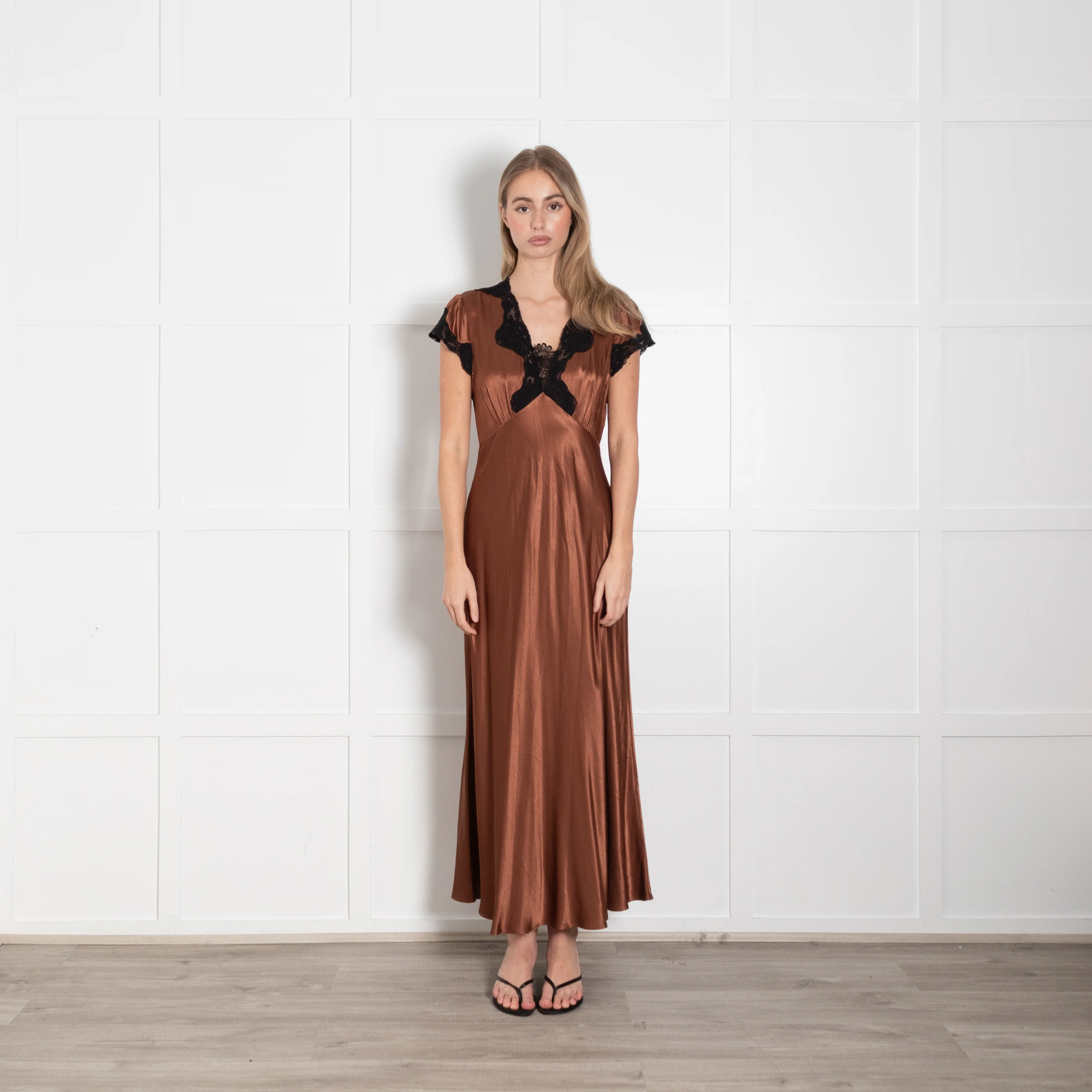 Rixo London Caramel Brown Black Lace Trim Cap Sleeve Maxi Dress