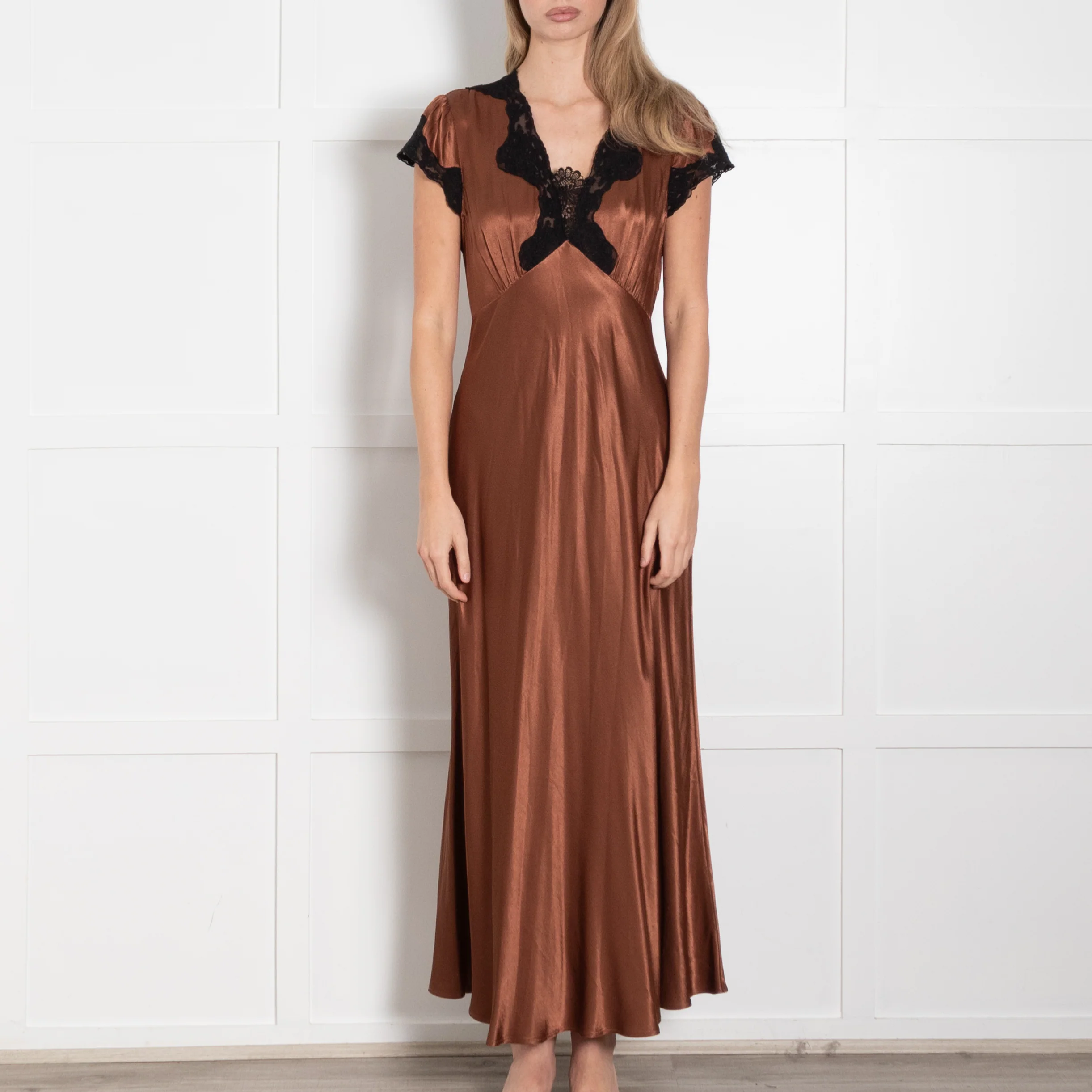 Rixo London Caramel Brown Black Lace Trim Cap Sleeve Maxi Dress - Image 2