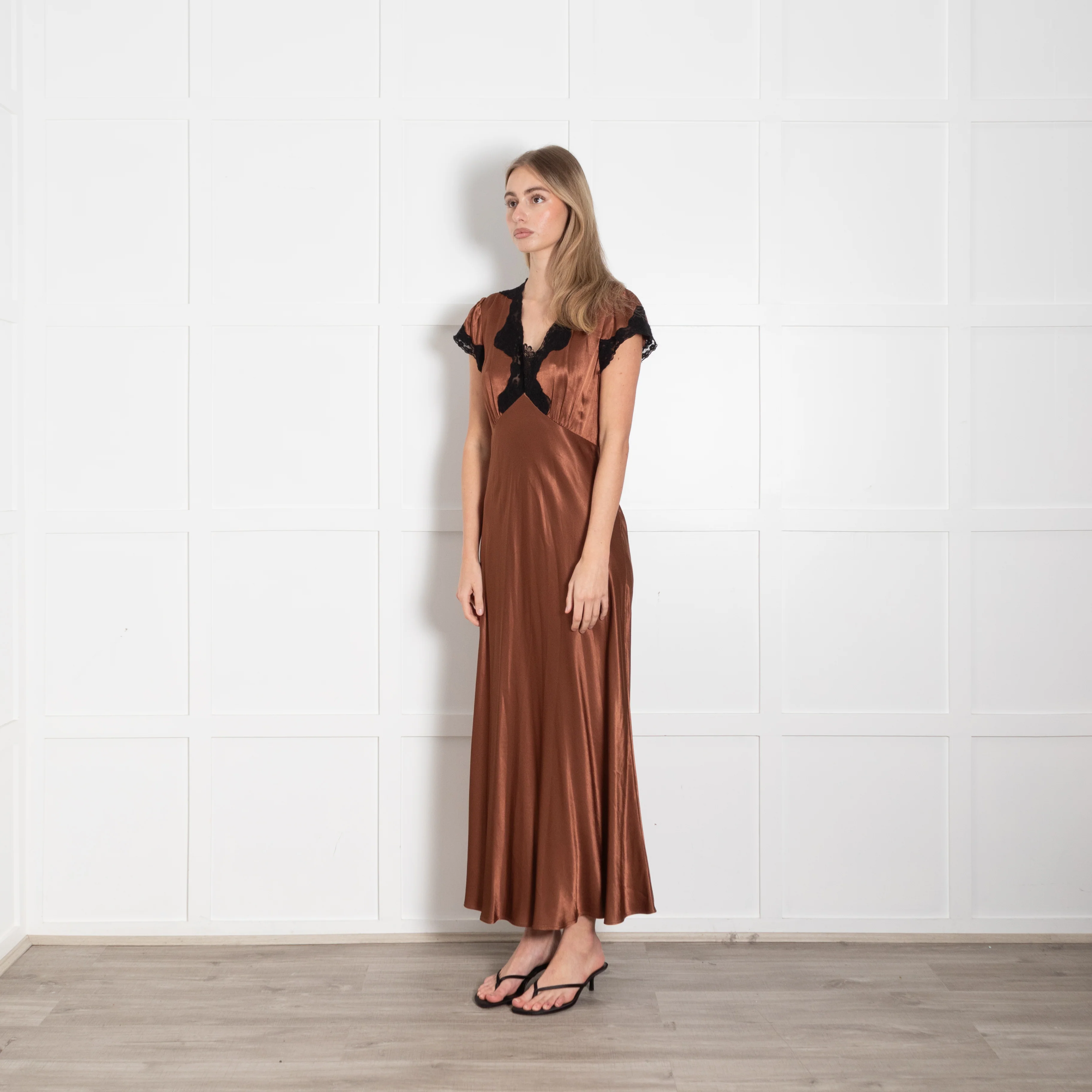 Rixo London Caramel Brown Black Lace Trim Cap Sleeve Maxi Dress - Image 3