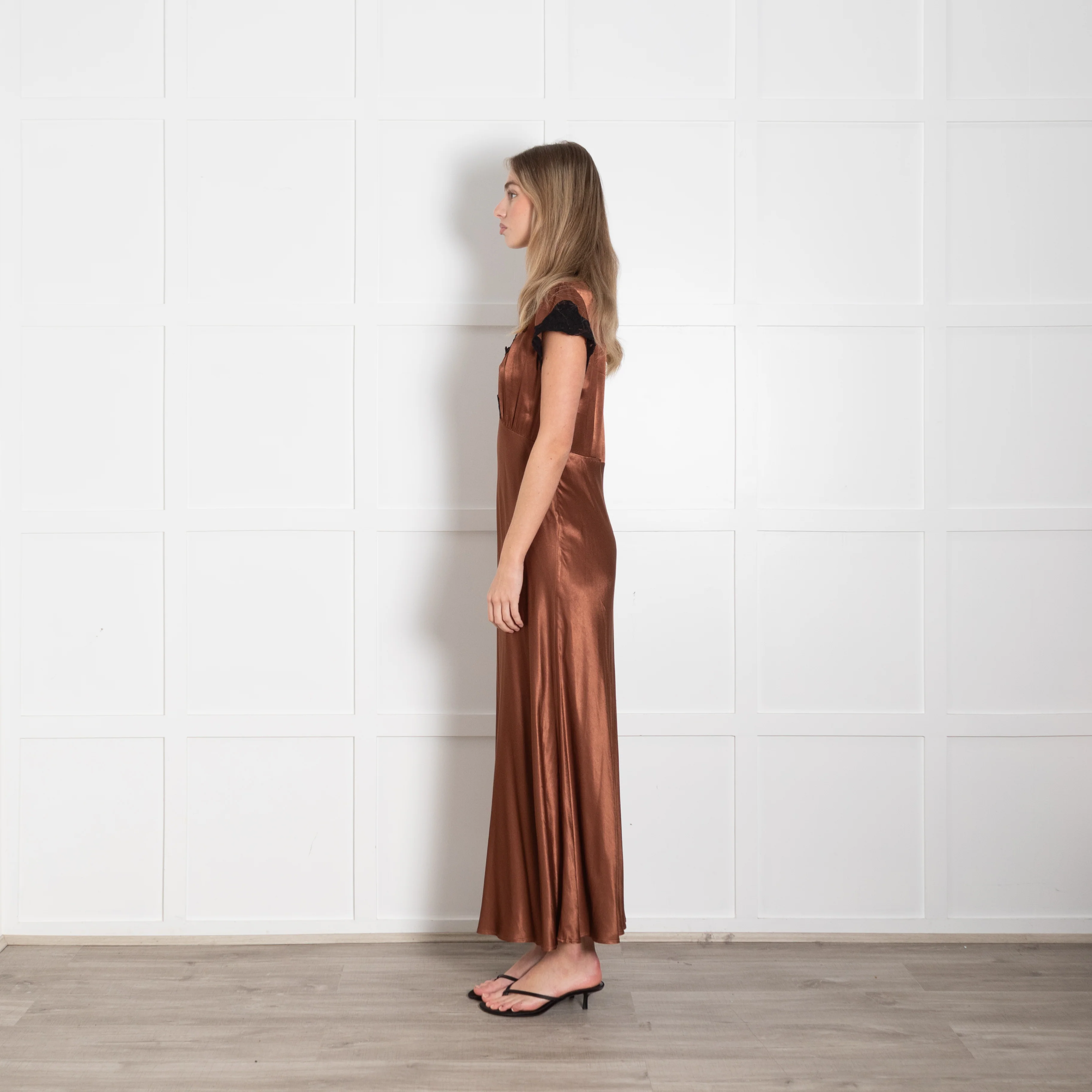 Rixo London Caramel Brown Black Lace Trim Cap Sleeve Maxi Dress - Image 4