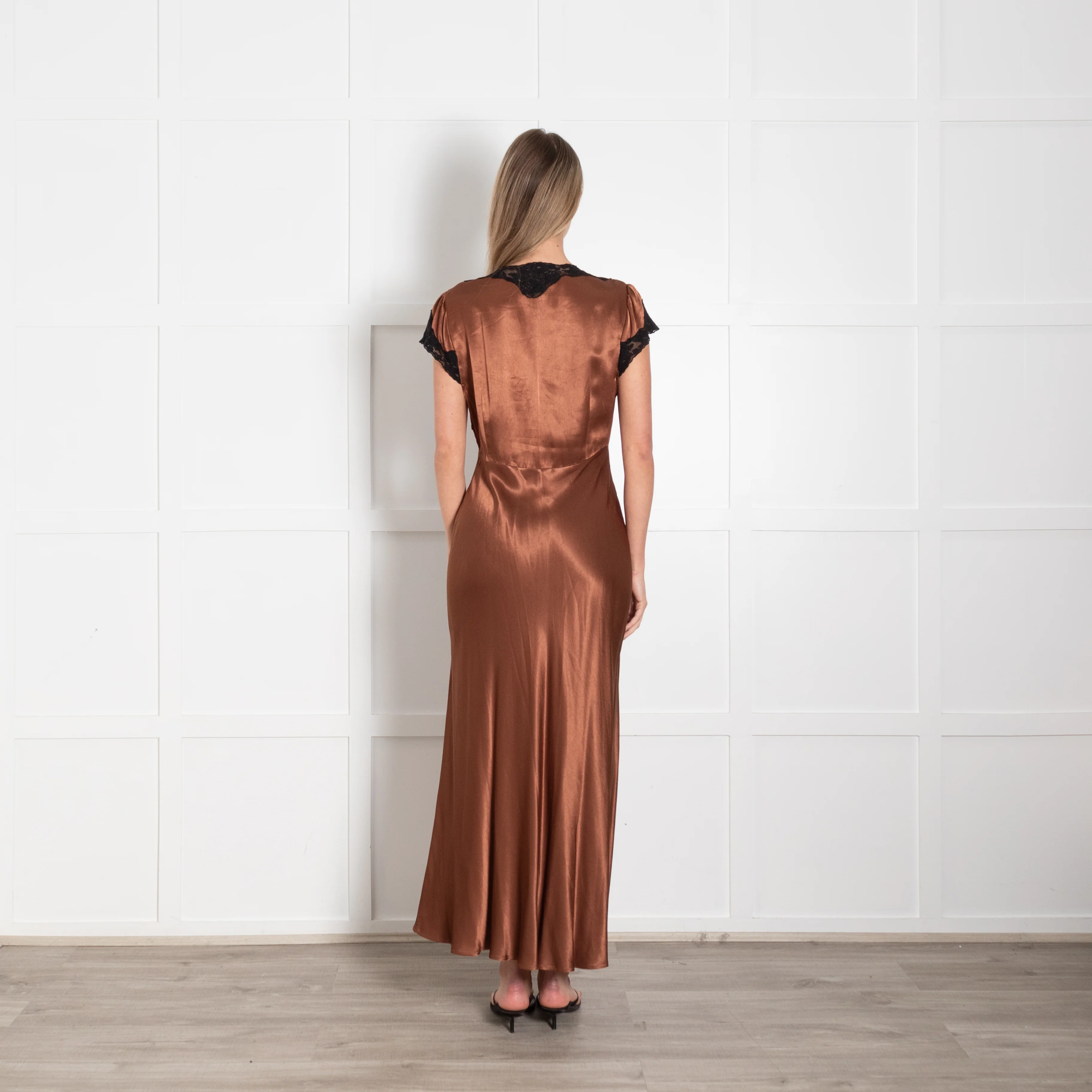Rixo London Caramel Brown Black Lace Trim Cap Sleeve Maxi Dress - Image 5