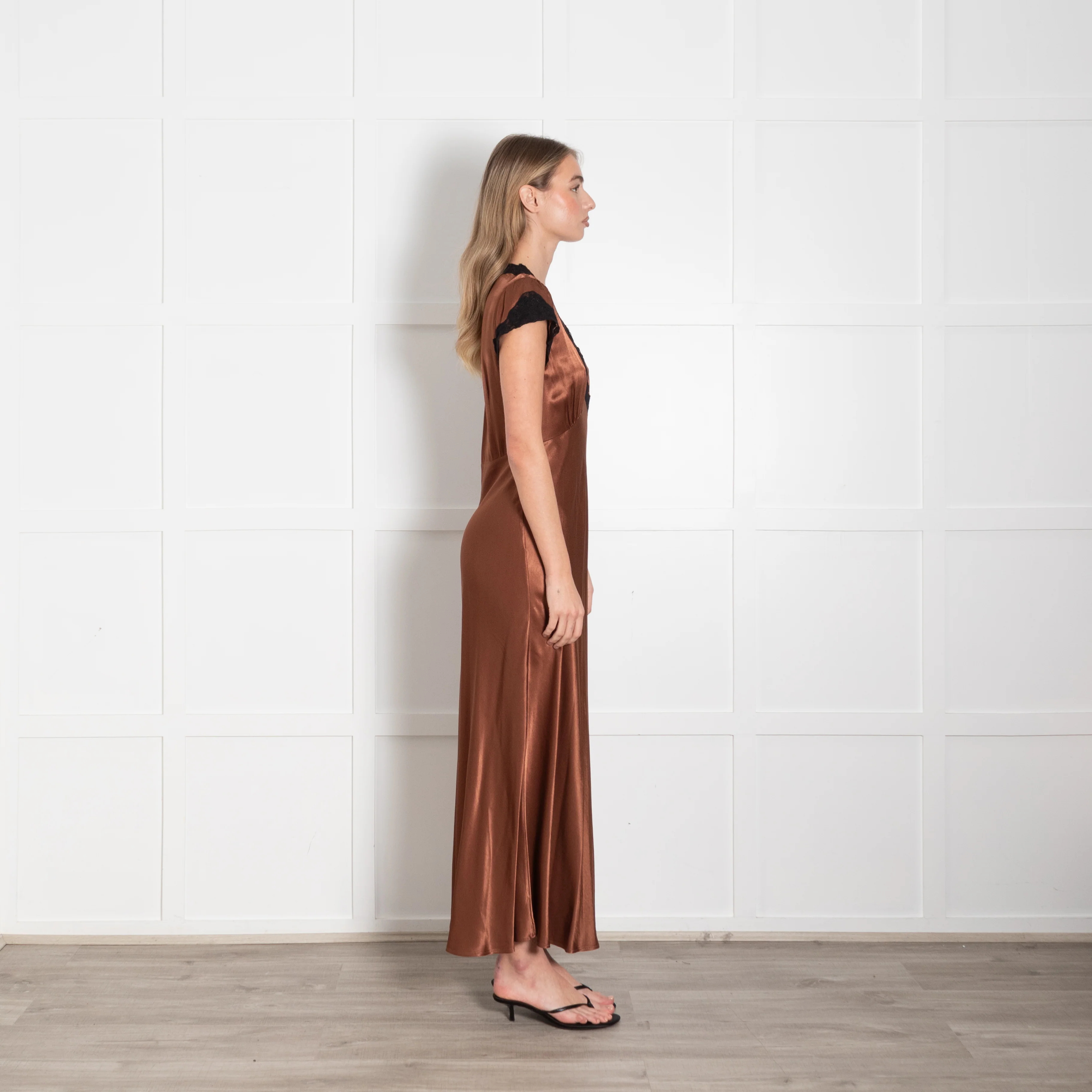 Rixo London Caramel Brown Black Lace Trim Cap Sleeve Maxi Dress - Image 6