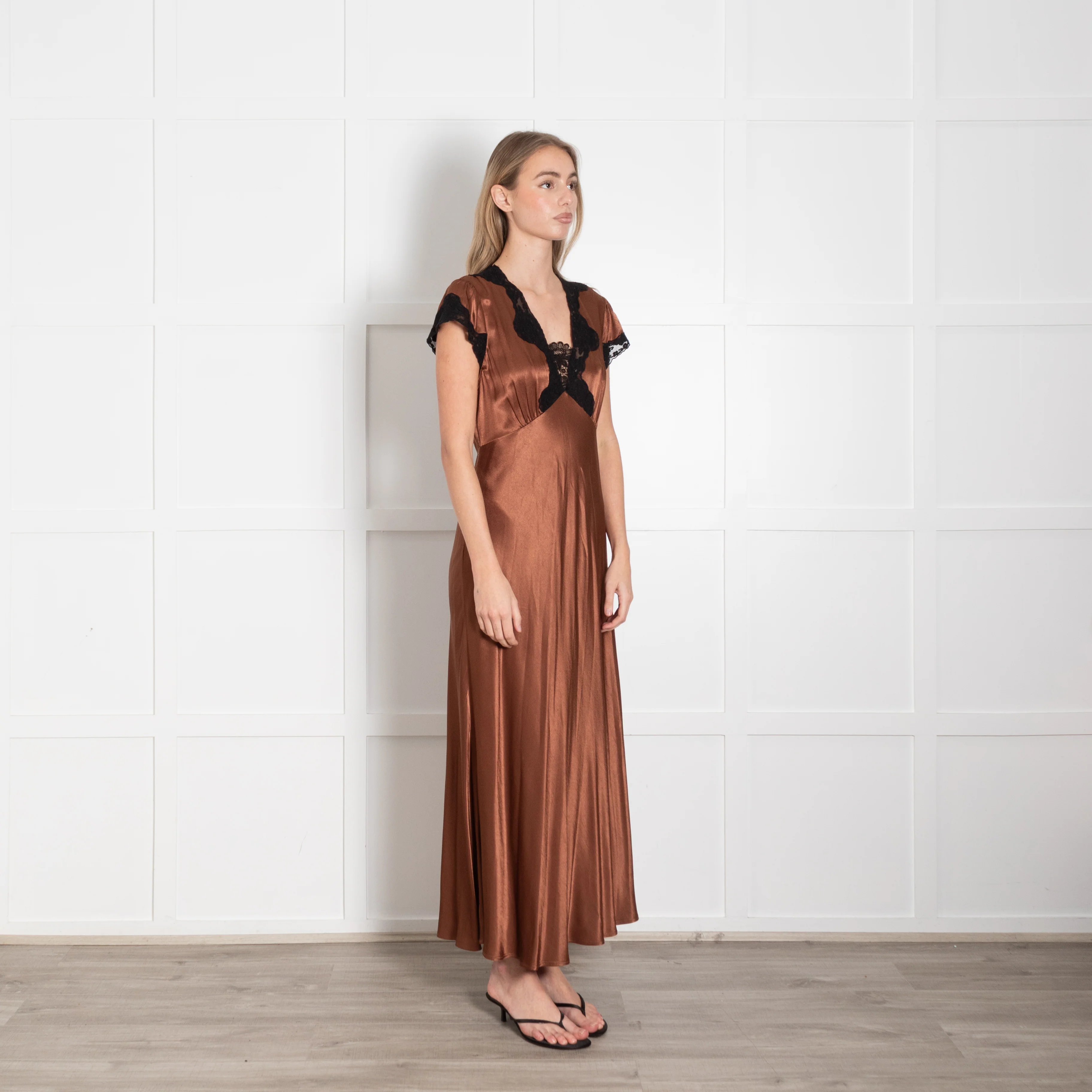 Rixo London Caramel Brown Black Lace Trim Cap Sleeve Maxi Dress - Image 7