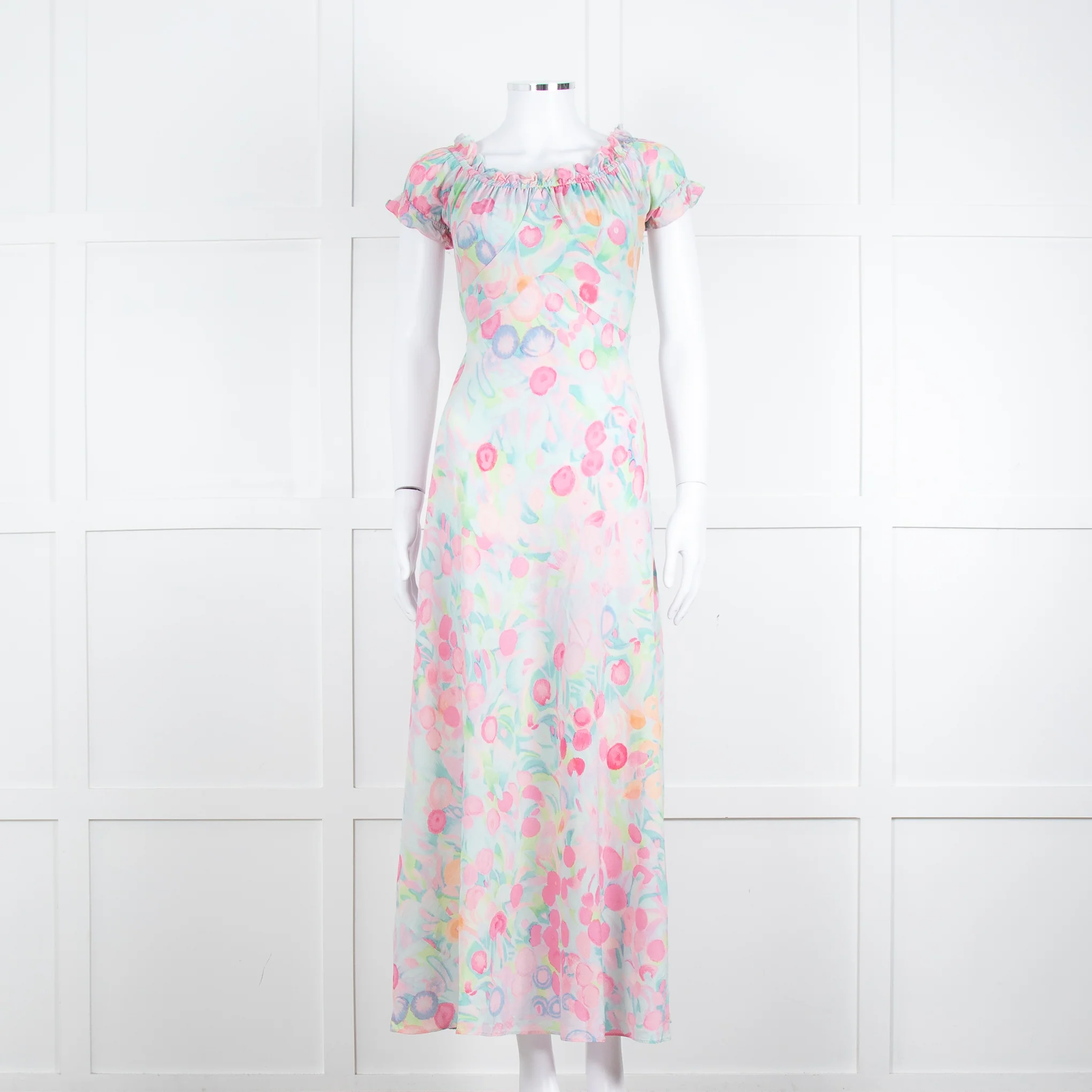Rixo London Pale Green Pink Blue Silk Print Maxi Dress