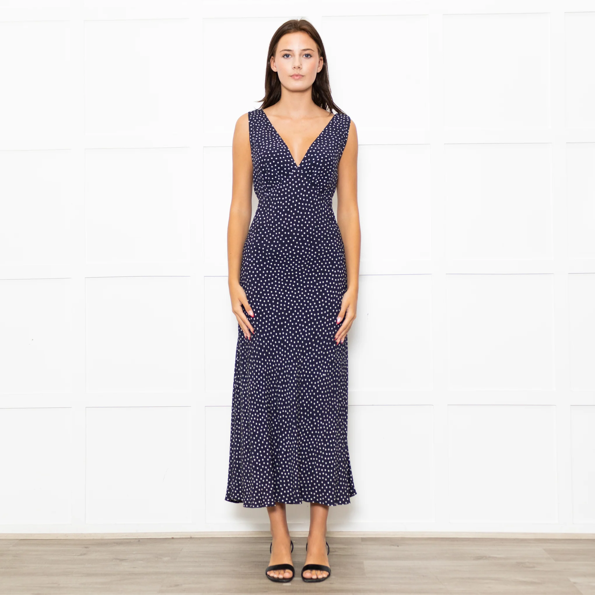 Rixo Navy Blue White Polka Dot Bias Cut Sleeveless Dress