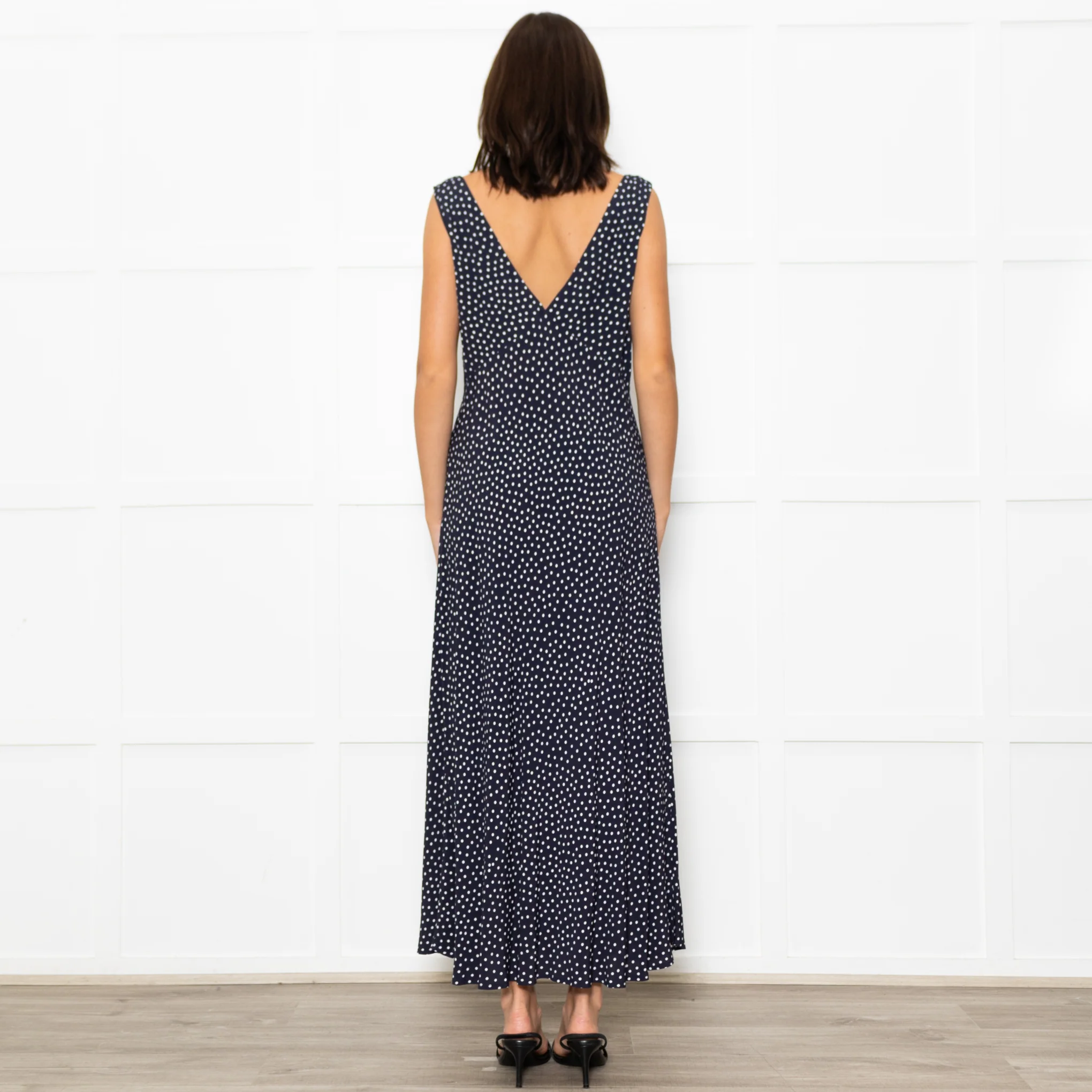 Rixo Navy Blue White Polka Dot Bias Cut Sleeveless Dress - Image 6