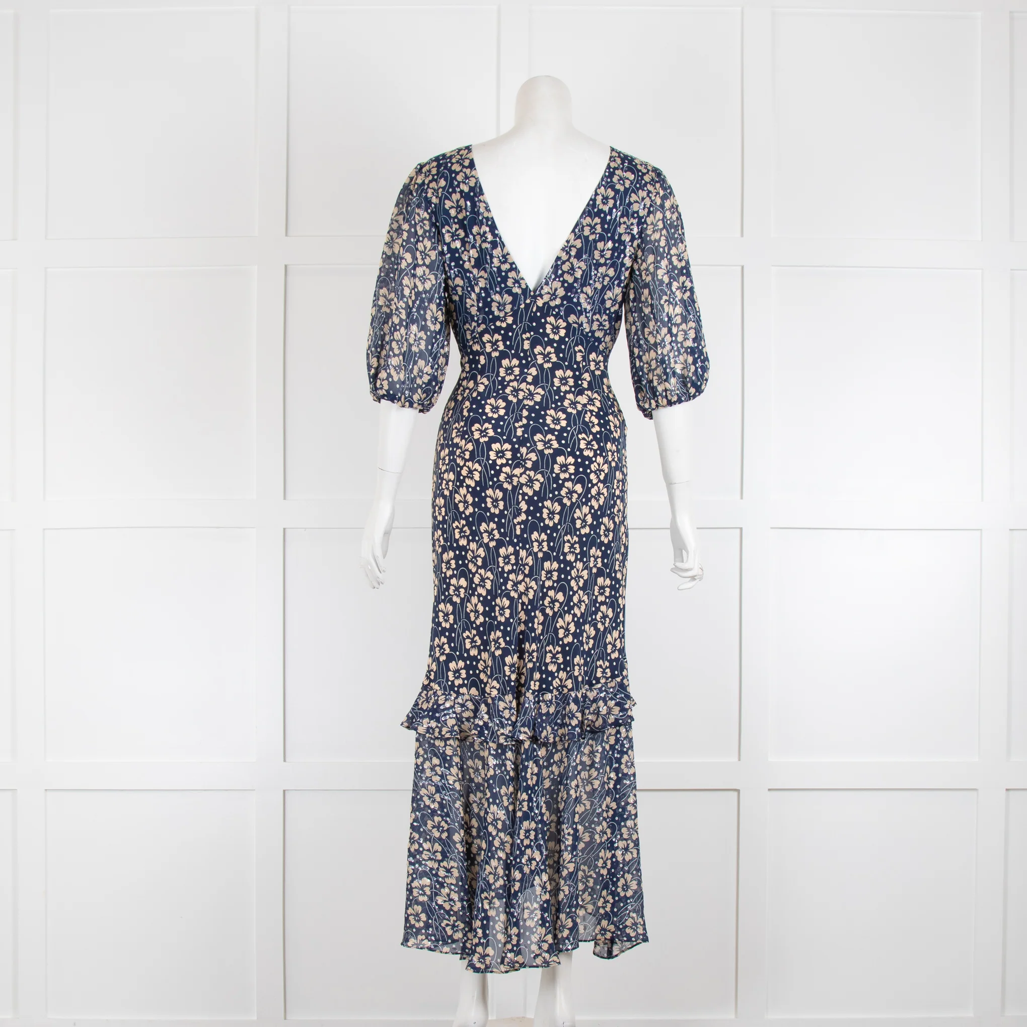 Rixo Navy Maxi Dress with Cream Floral Print & Metallic Thread - Image 3