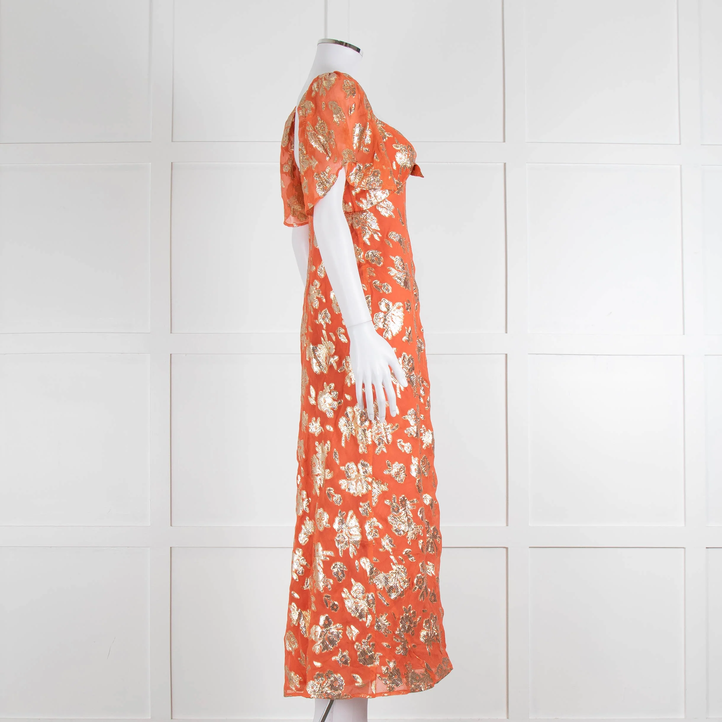 Rixo Orange Gold Lurex Flower Short Sleeve Dress - Image 3