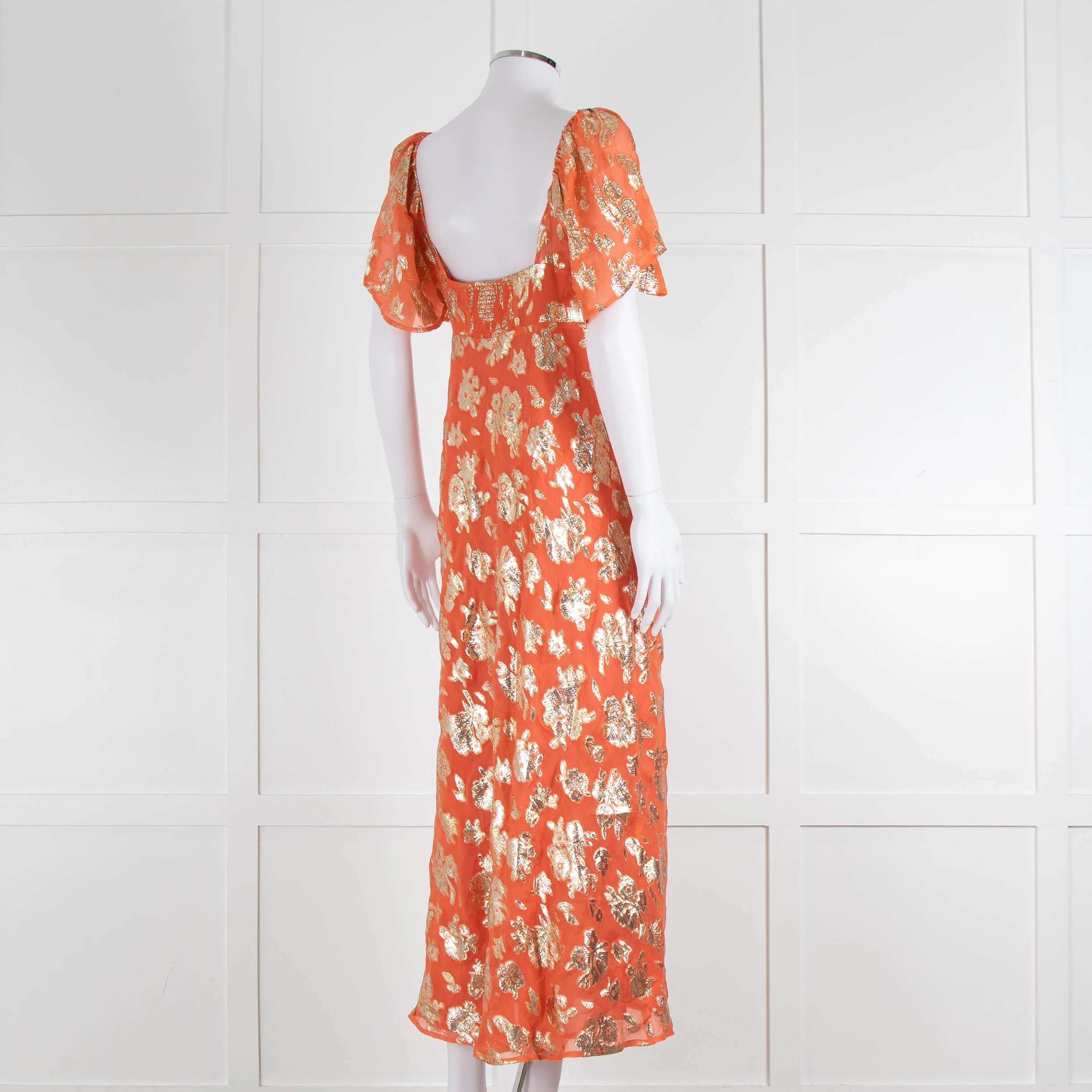Rixo Orange Gold Lurex Flower Short Sleeve Dress - Image 4