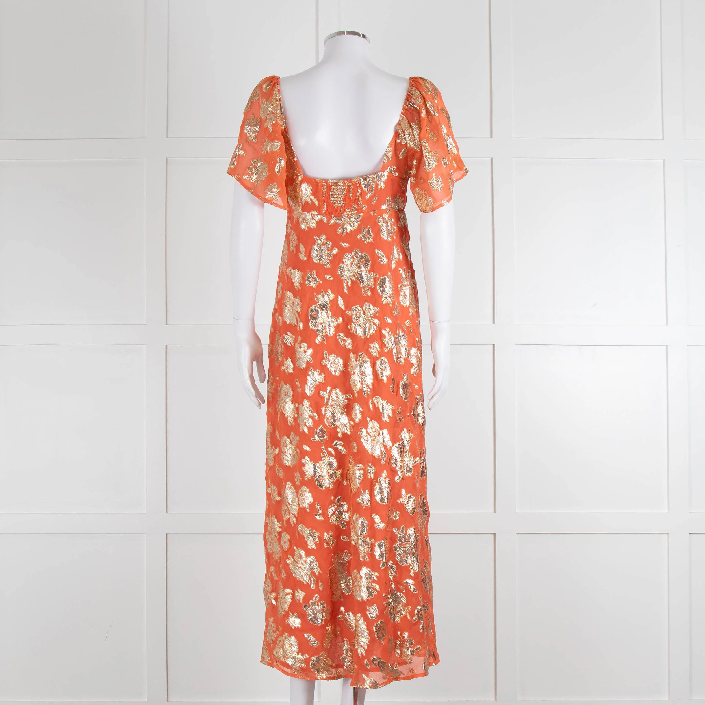 Rixo Orange Gold Lurex Flower Short Sleeve Dress - Image 5