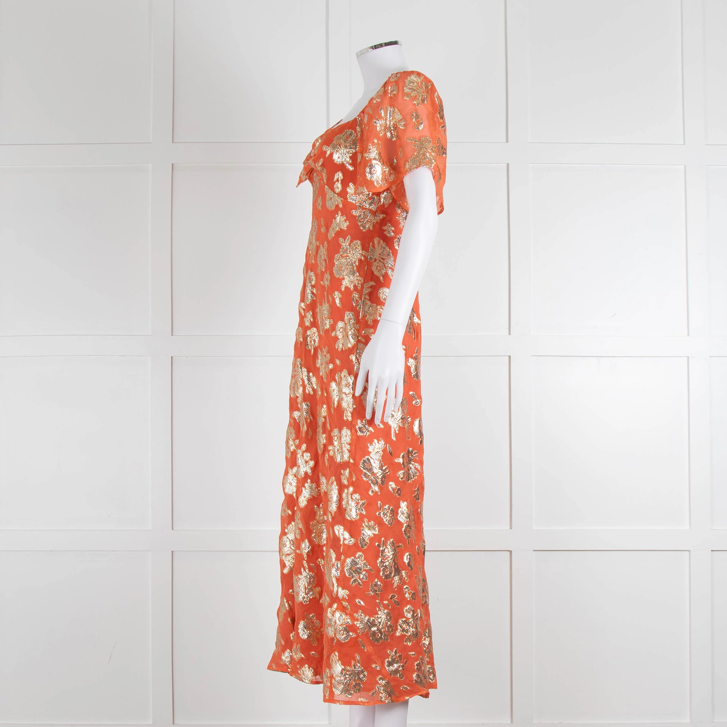 Rixo Orange Gold Lurex Flower Short Sleeve Dress - Image 7