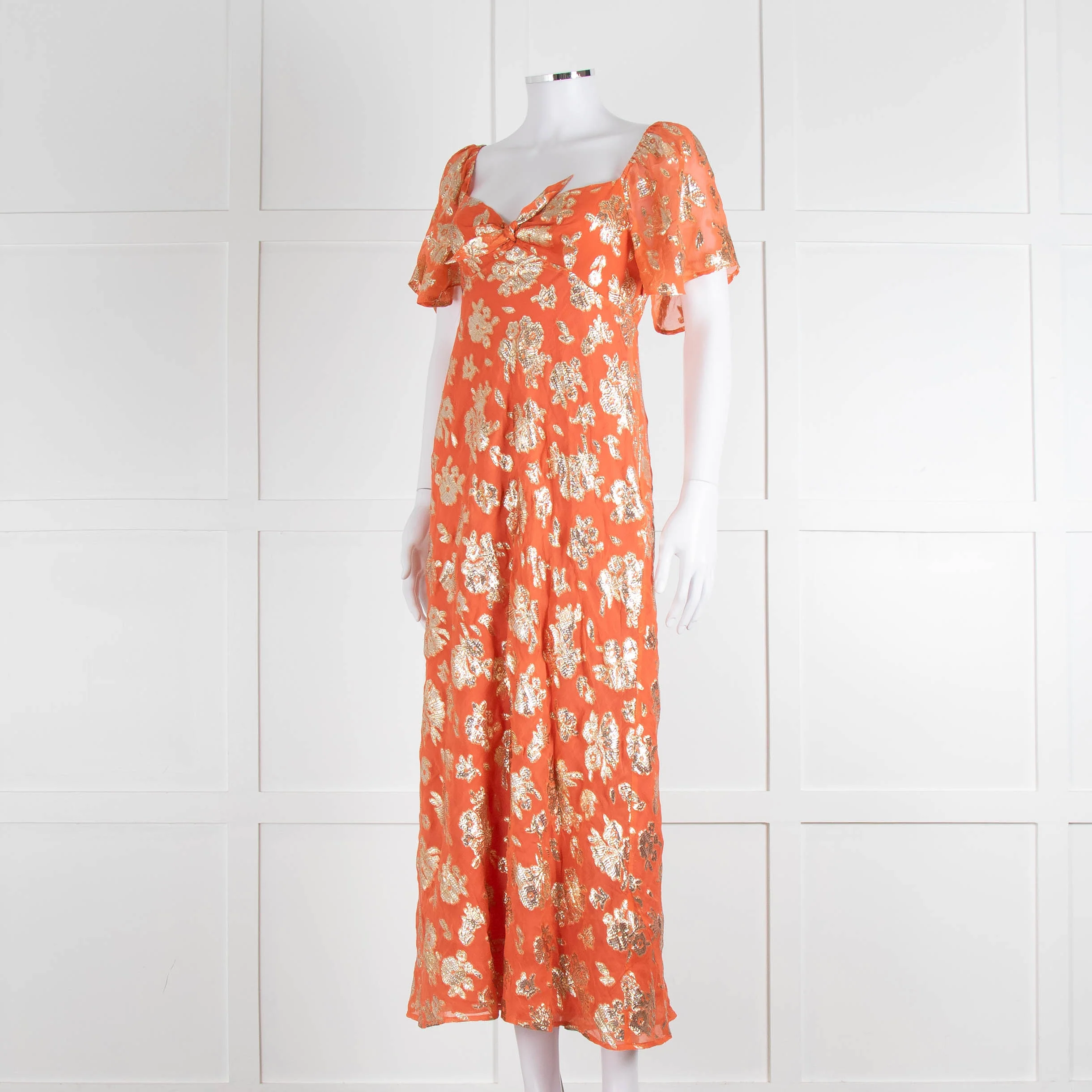Rixo Orange Gold Lurex Flower Short Sleeve Dress - Image 8