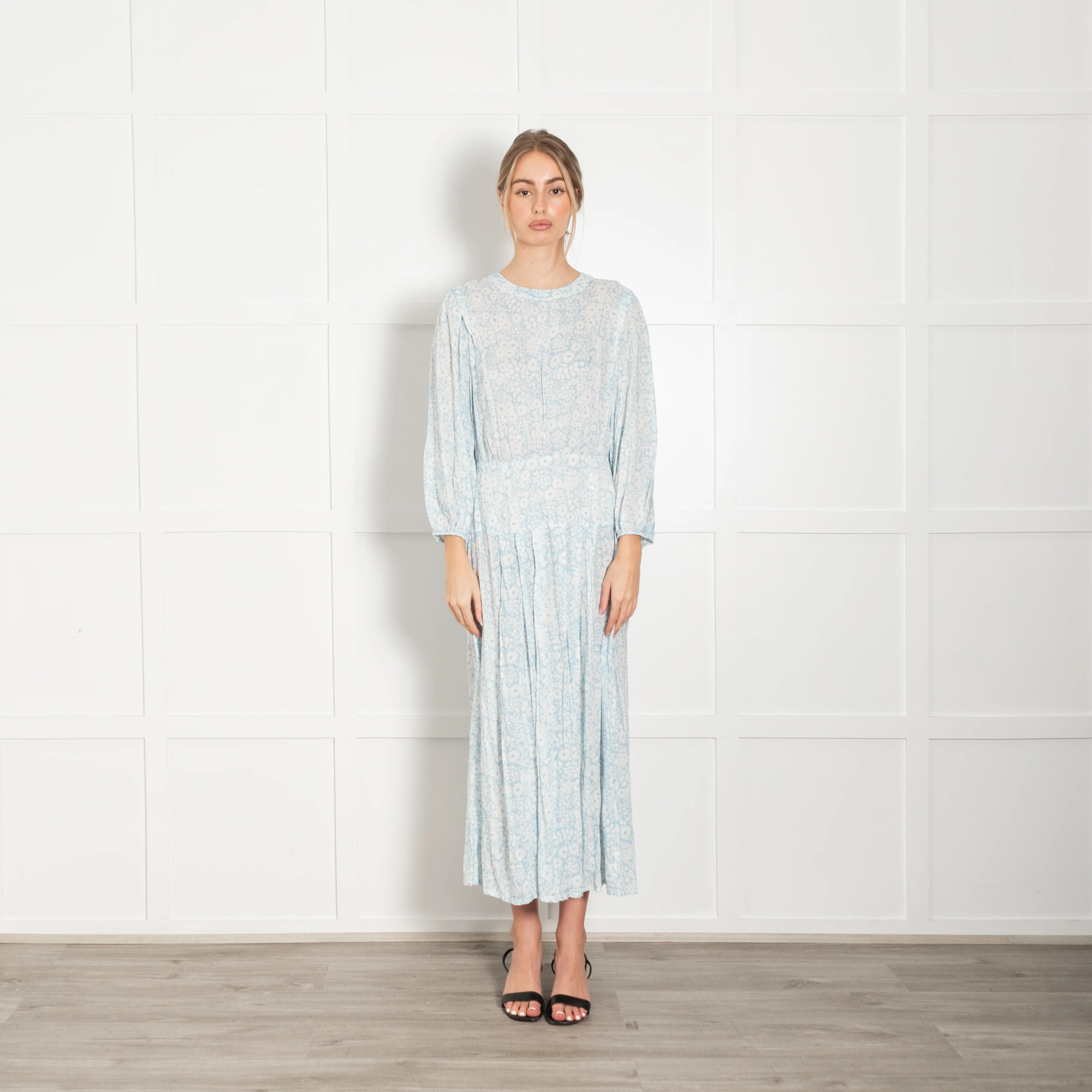 Rixo Pale Blue White Floral Puff Sleeve Midi Dress