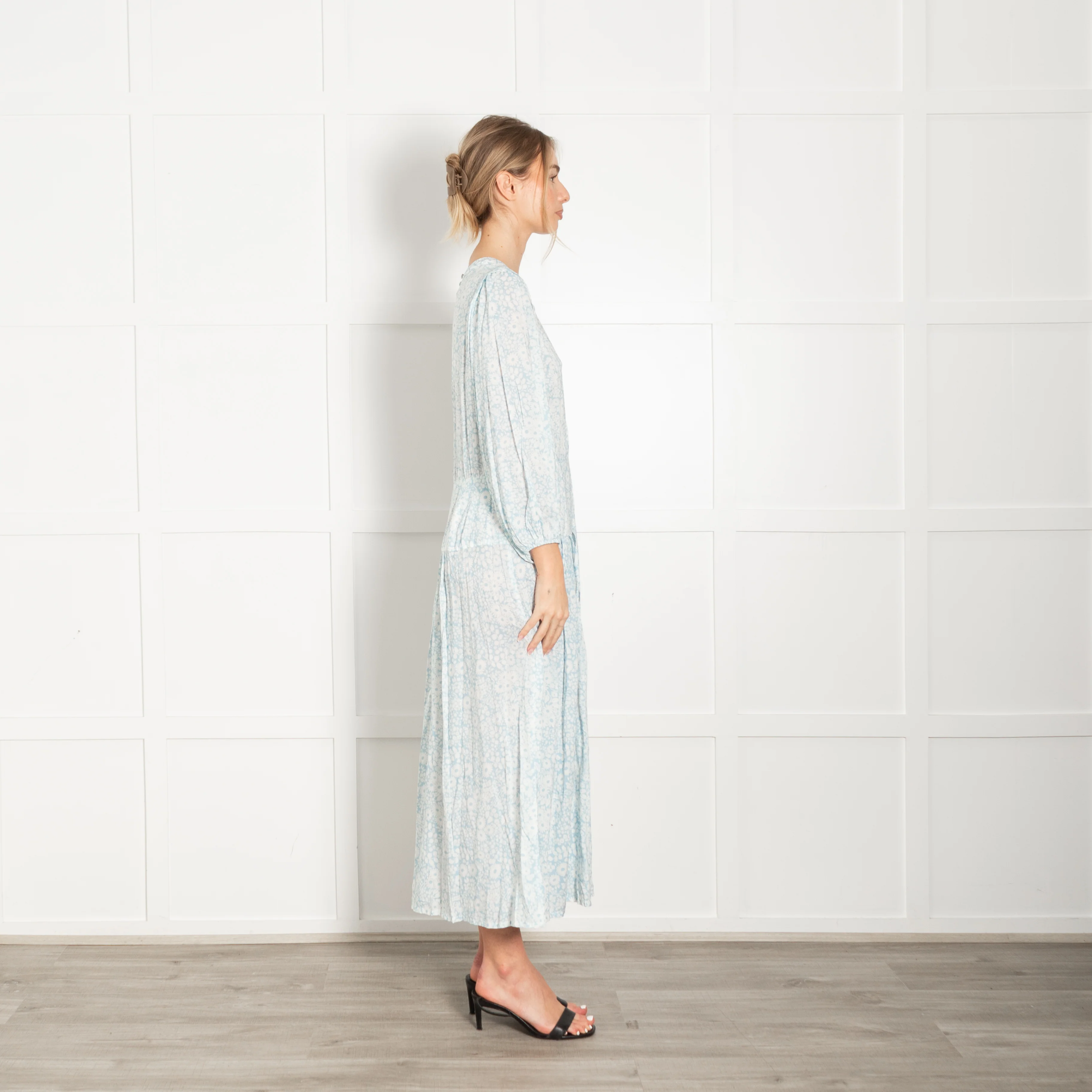 Rixo Pale Blue White Floral Puff Sleeve Midi Dress - Image 6