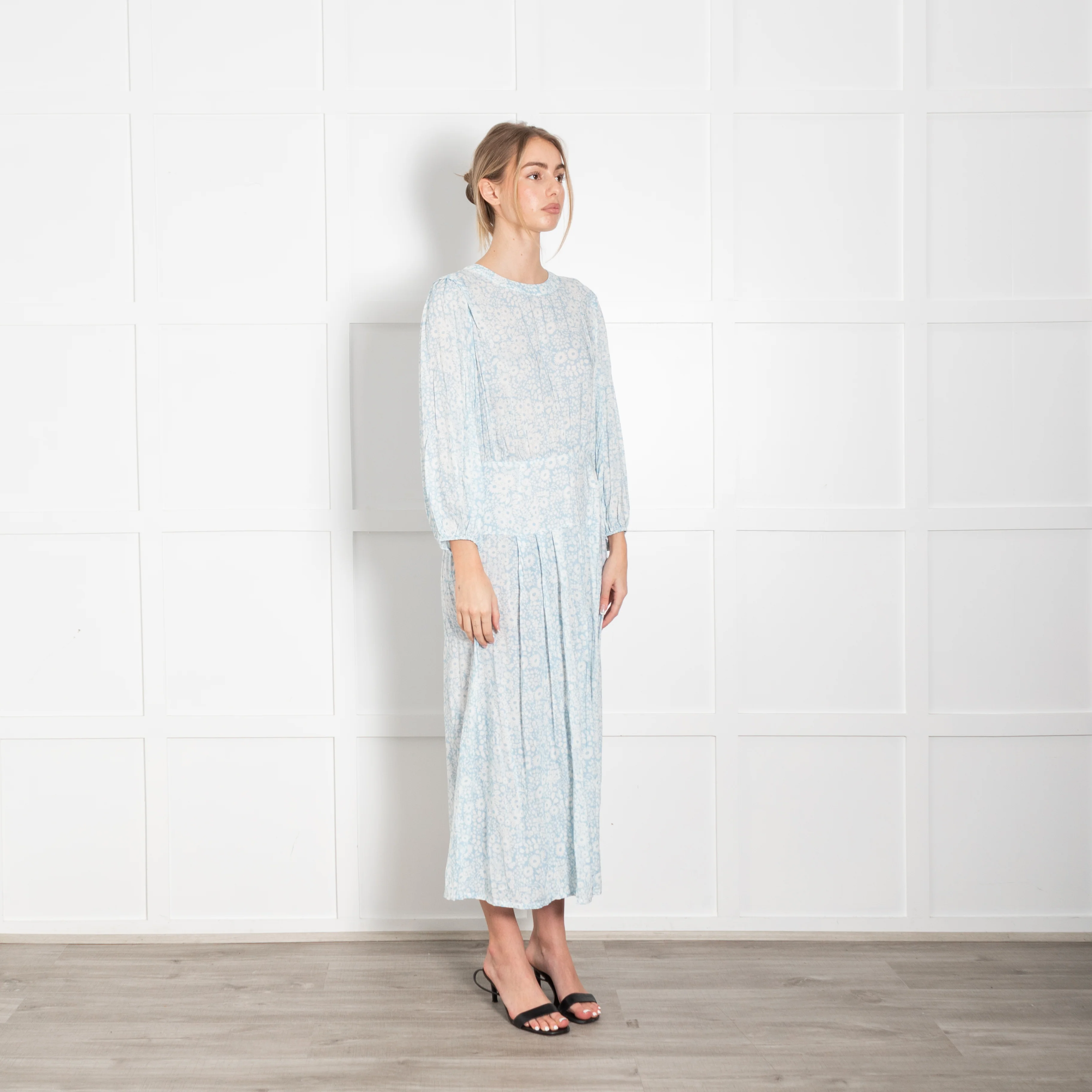 Rixo Pale Blue White Floral Puff Sleeve Midi Dress - Image 7