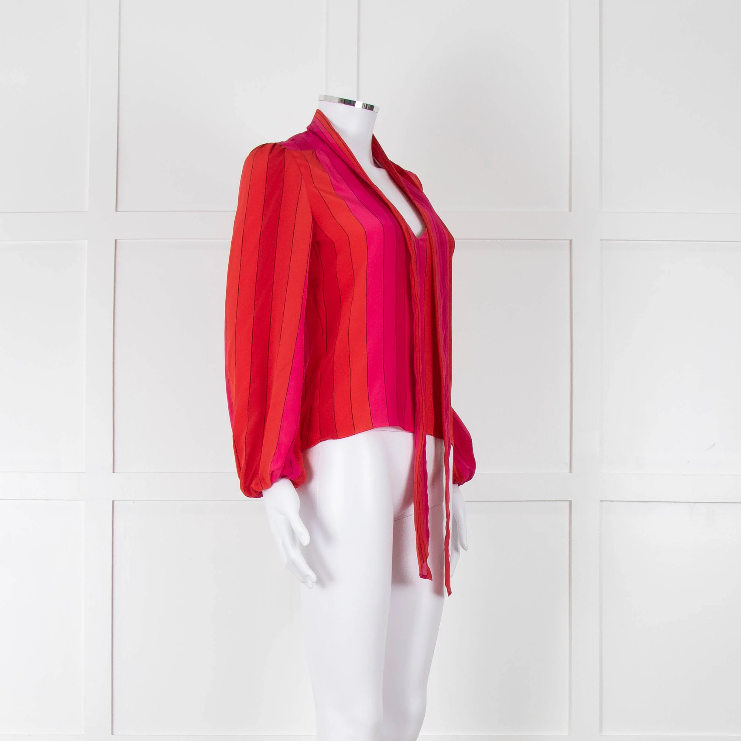 Rixo Pink Red Striped Pussy Bow Silk Blouse - Image 2