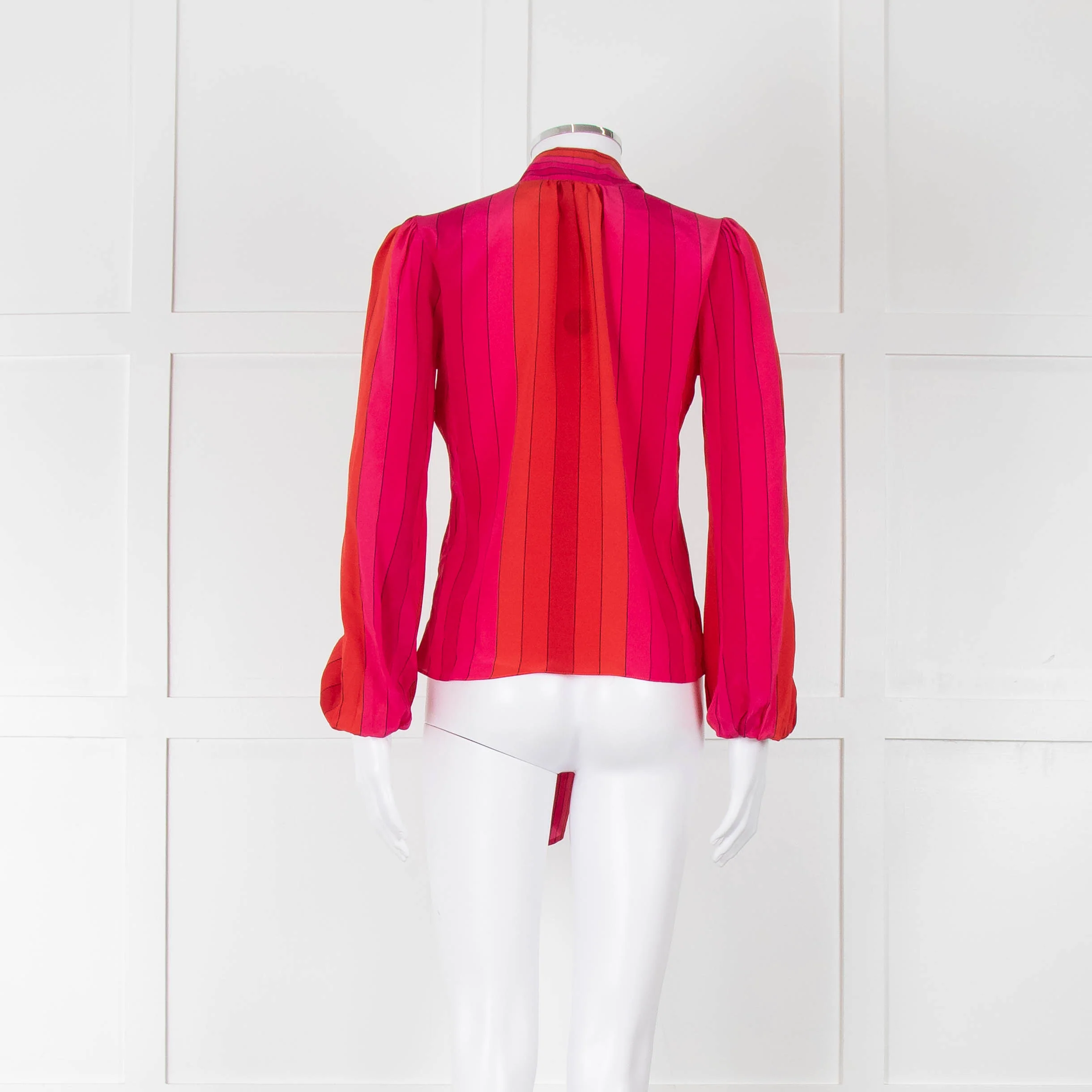 Rixo Pink Red Striped Pussy Bow Silk Blouse - Image 5