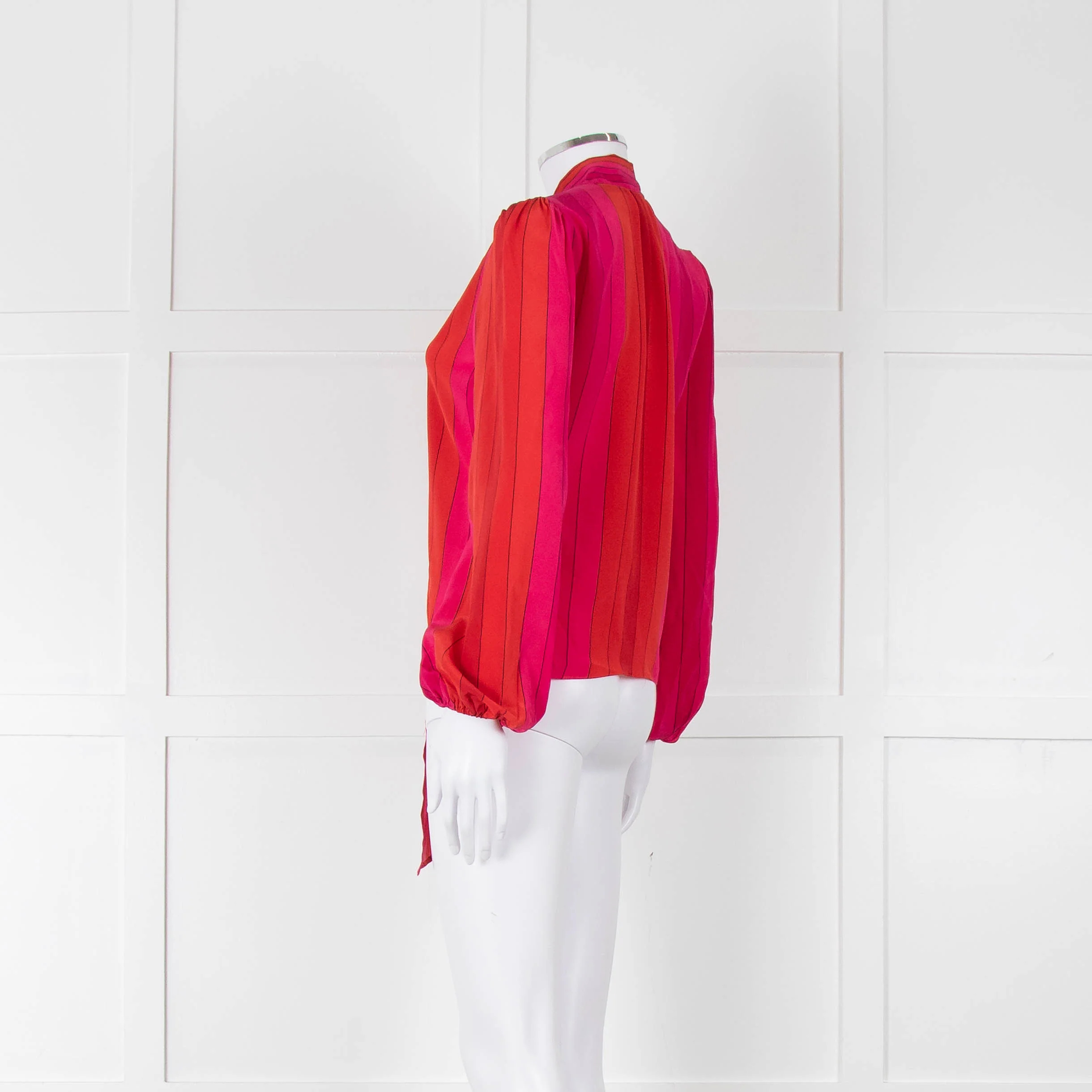 Rixo Pink Red Striped Pussy Bow Silk Blouse - Image 6