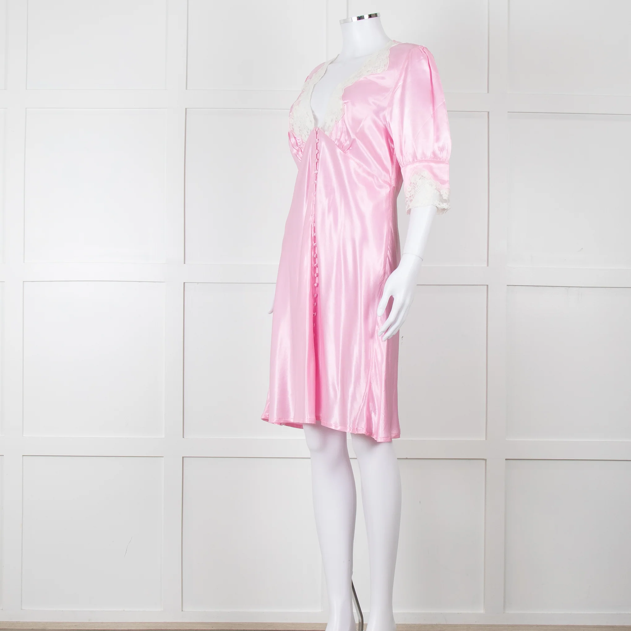 Rixo Pink Satin Lace Trimmed Bias Cut Mini Dress - Image 2