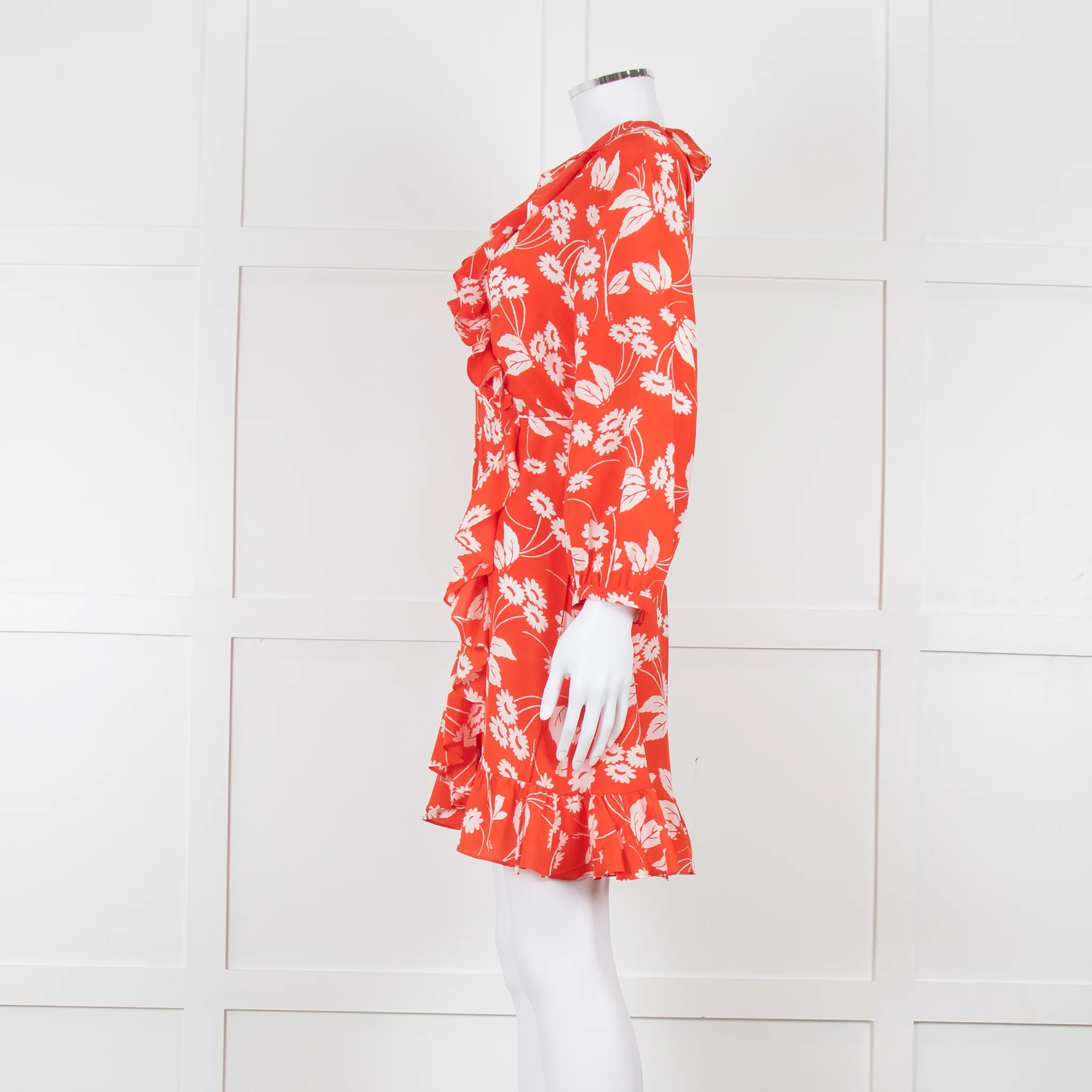 Rixo Red Floral Frilled Wrap Mini Dress - Image 3