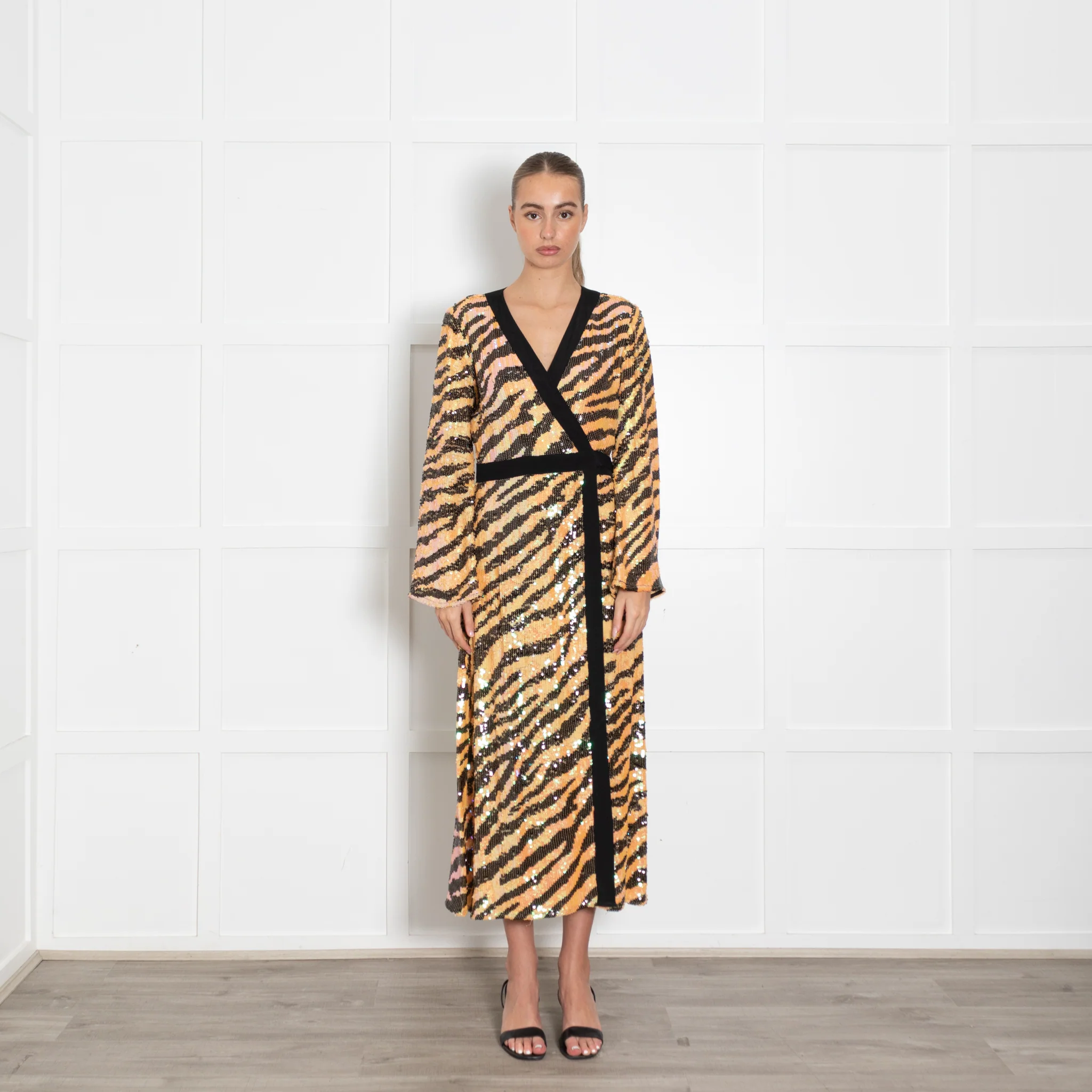 Rixo Tiger Print Sequin Wrap Dress