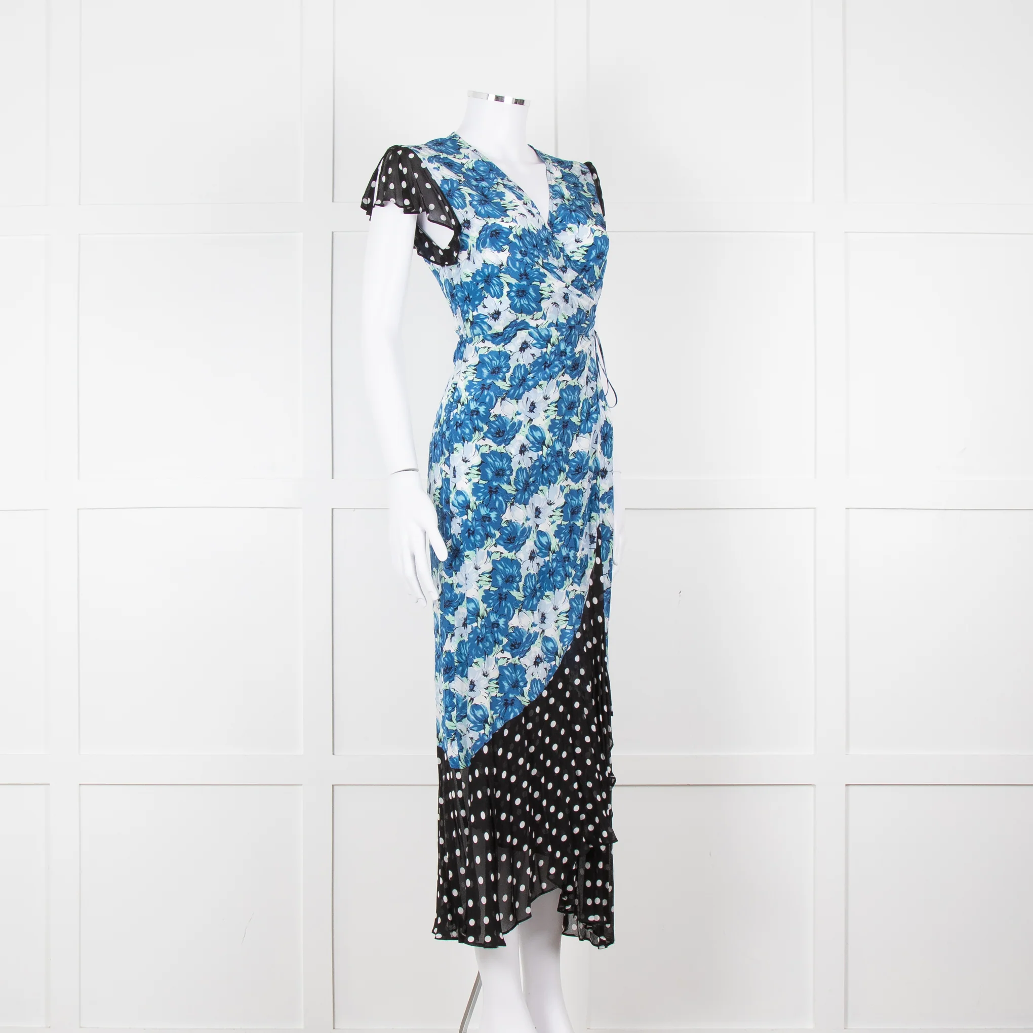 Rixo White Blue Floral Black White Polka Dot Print Short Sleeve Wrap Dress - Image 2