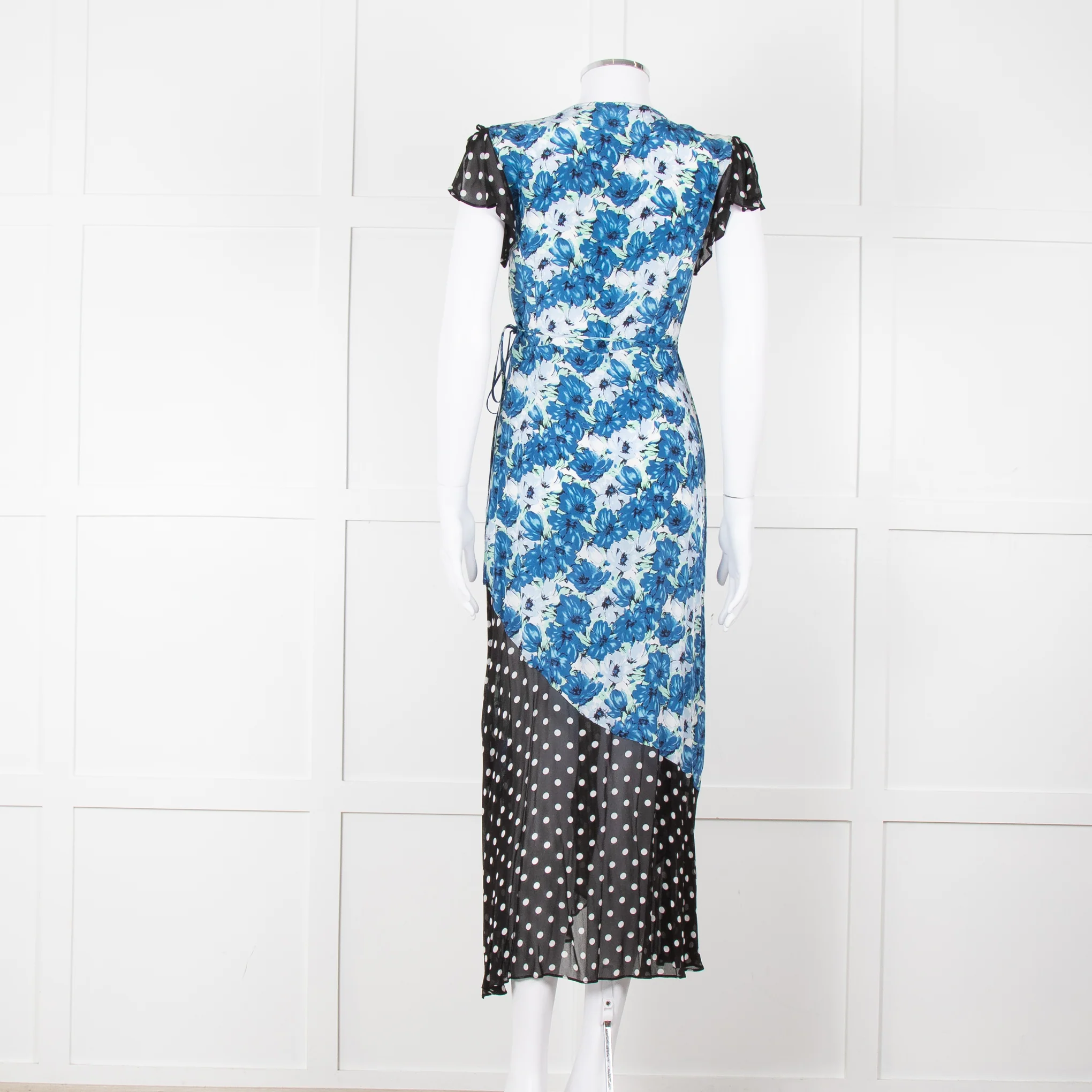 Rixo White Blue Floral Black White Polka Dot Print Short Sleeve Wrap Dress - Image 5