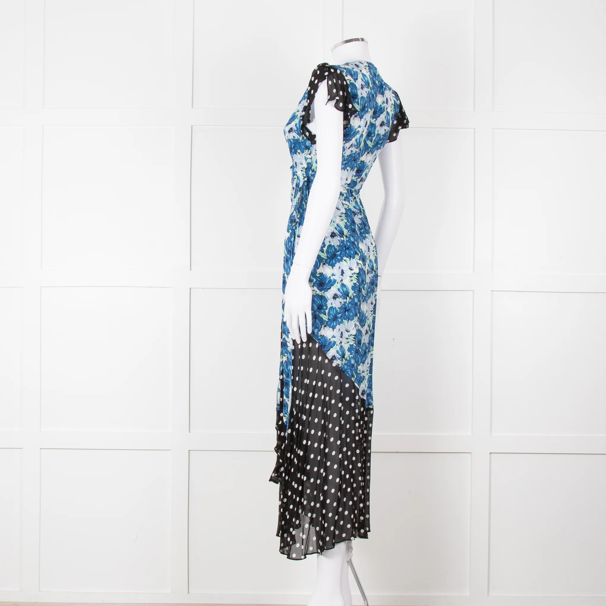 Rixo White Blue Floral Black White Polka Dot Print Short Sleeve Wrap Dress - Image 6