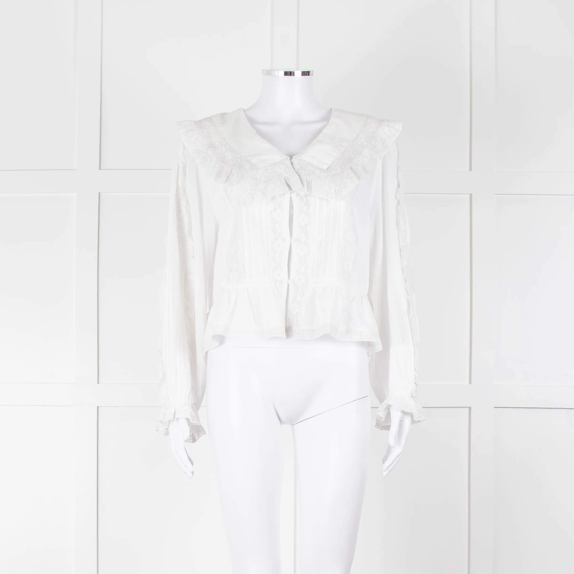 Rixo White Cotton Lace Trim large Collared Blouse