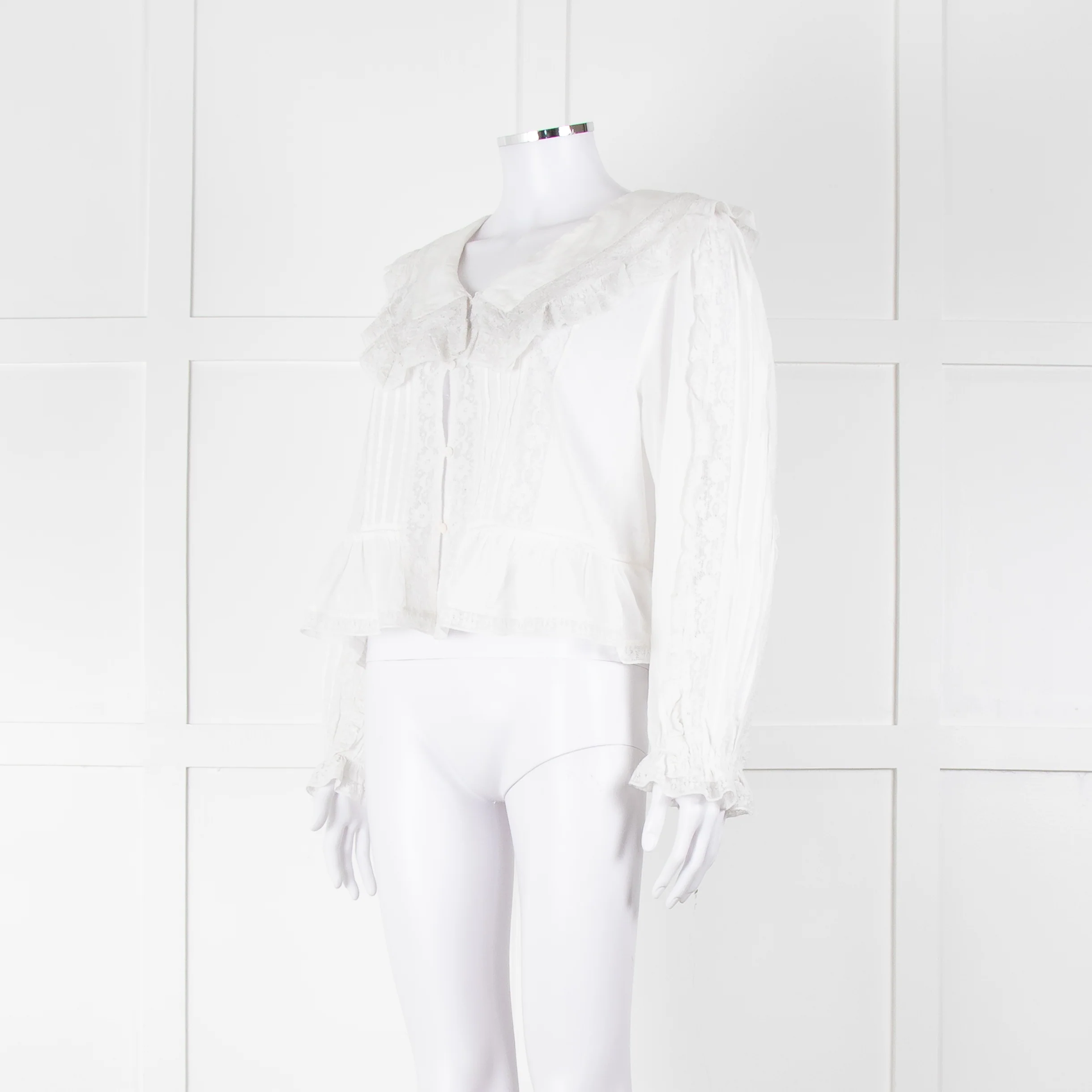 Rixo White Cotton Lace Trim large Collared Blouse - Image 8
