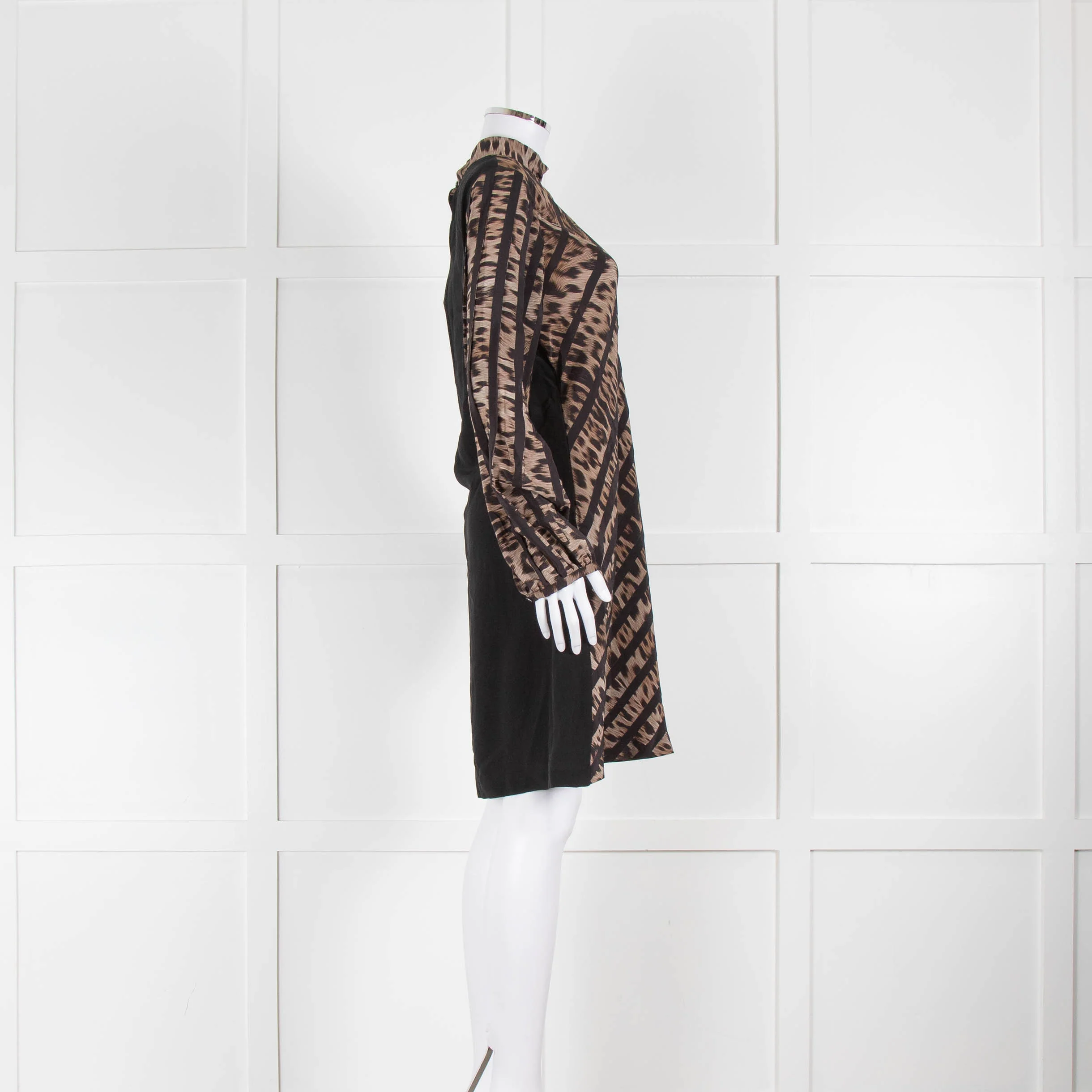 Roberto Cavalli Black Brown Animal Print Silk Long Sleeve Dress - Image 2