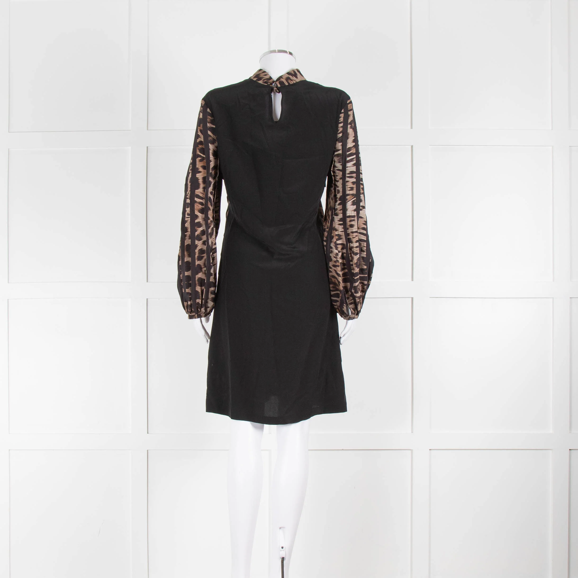 Roberto Cavalli Black Brown Animal Print Silk Long Sleeve Dress - Image 3