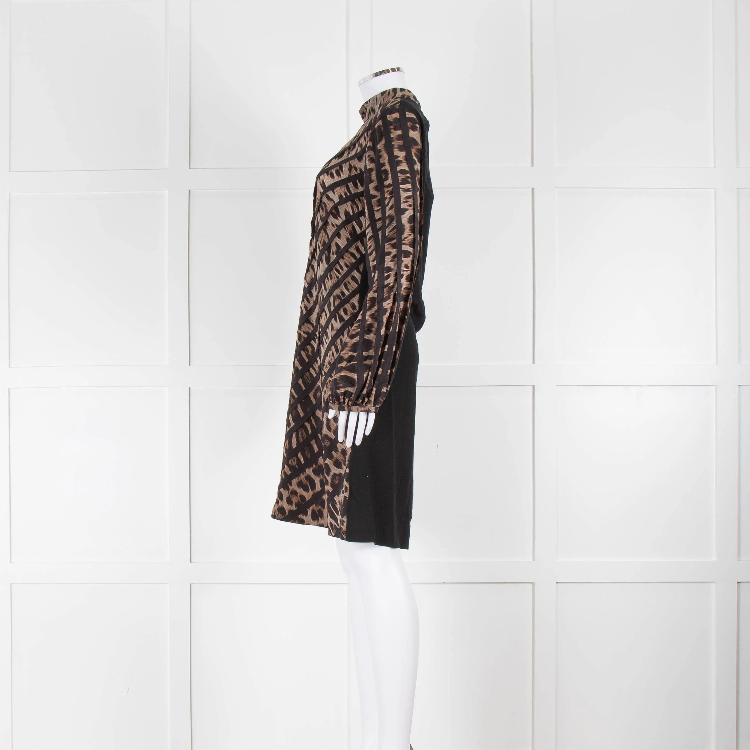 Roberto Cavalli Black Brown Animal Print Silk Long Sleeve Dress - Image 4
