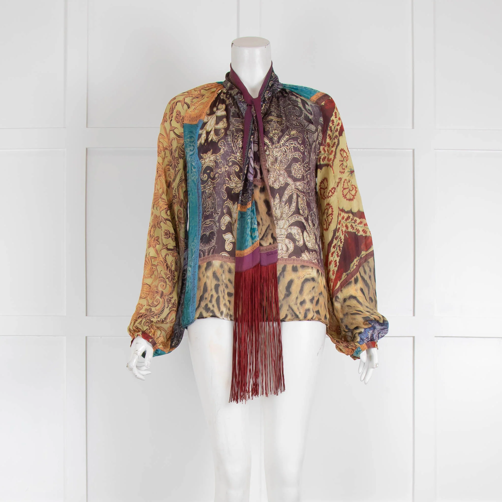 Roberto Cavalli Purple Brown Print Tassel Long Sleeve Top