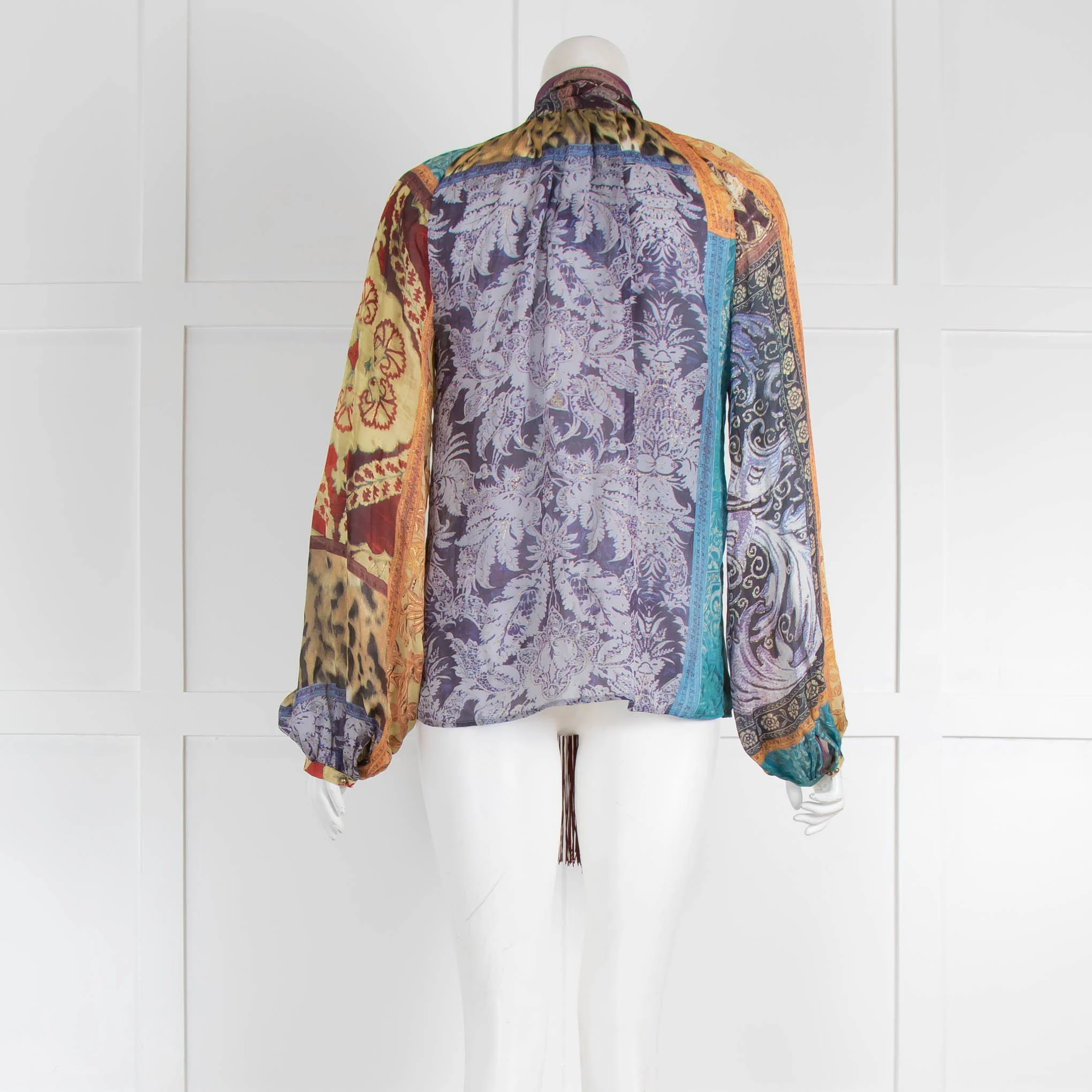 Roberto Cavalli Purple Brown Print Tassel Long Sleeve Top - Image 3