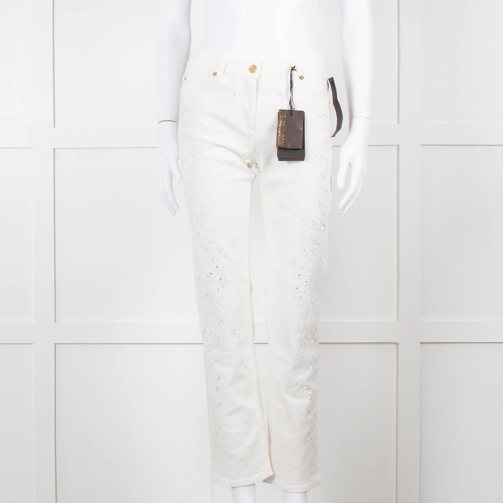 Roberto Cavalli White Cotton Embroidered Jeans