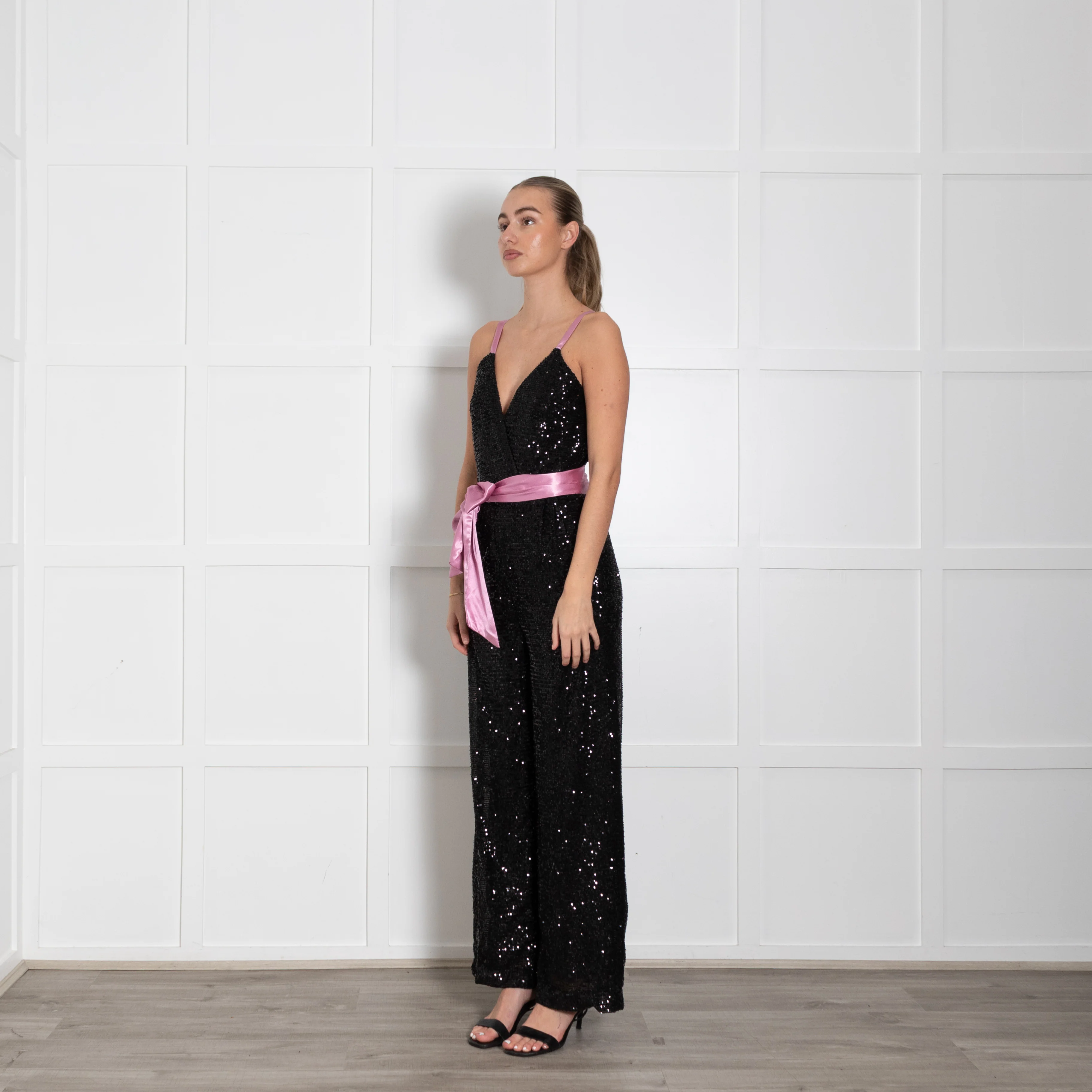 Rock The Jumpsuit Black Sequinned Pink Satin Ribbon Detail Jumpsuit - Image 3