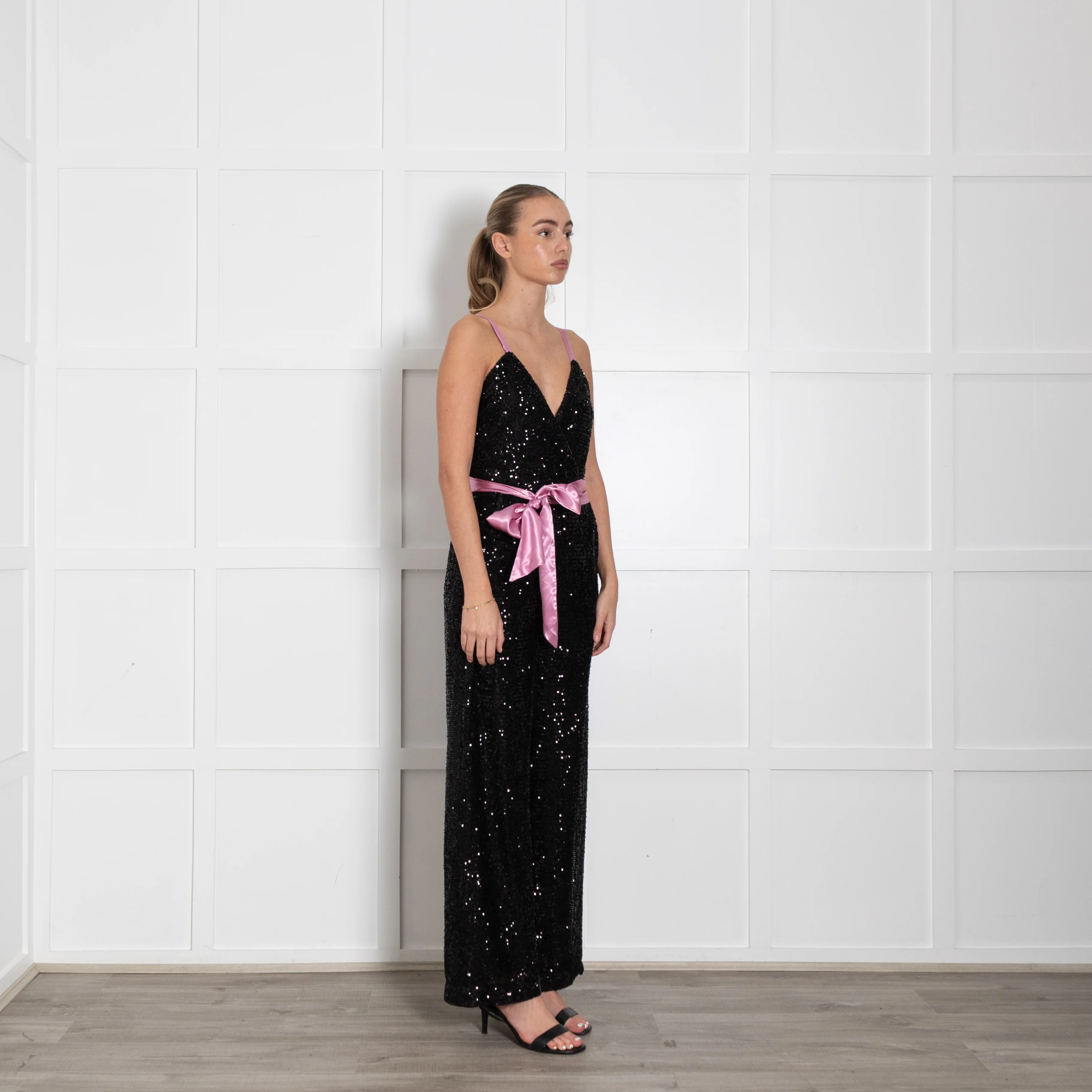 Rock The Jumpsuit Black Sequinned Pink Satin Ribbon Detail Jumpsuit - Image 7
