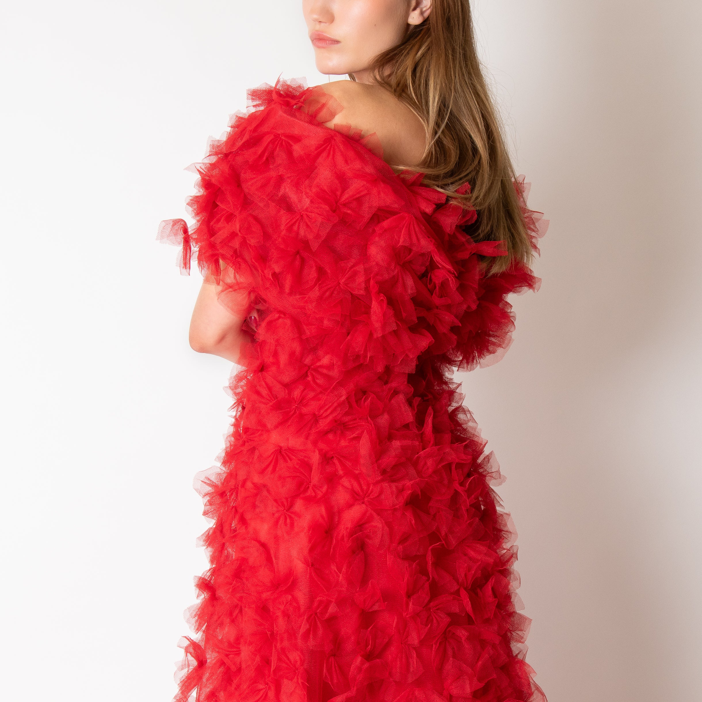 Rodarte Red Tulle Hand-Embroidered Bows Off Shoulder Gown - Image 12